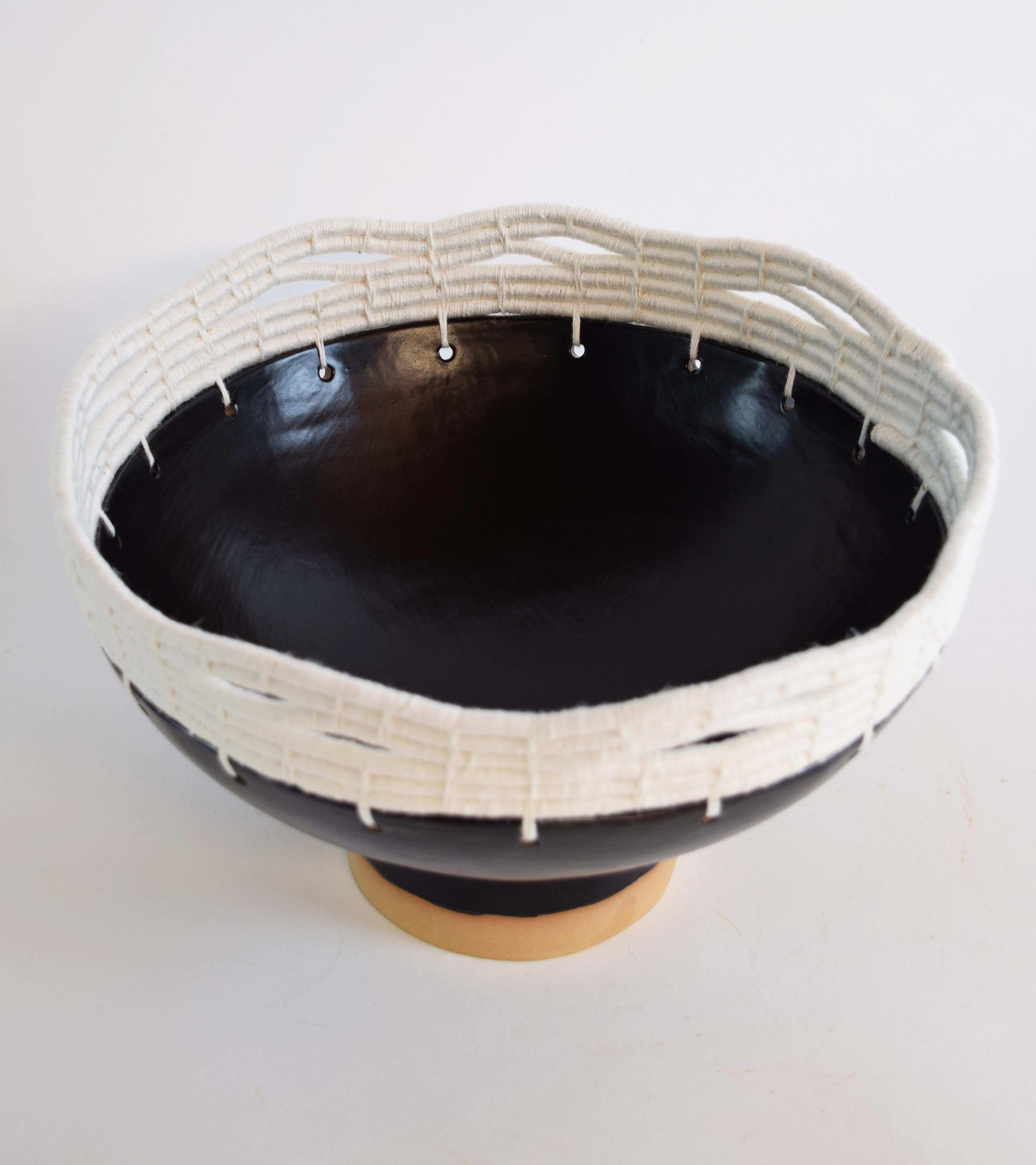 Organic Modern One of a Kind Handmade Ceramic Bowl #804, Satin Black Glaze & Woven White Cotton