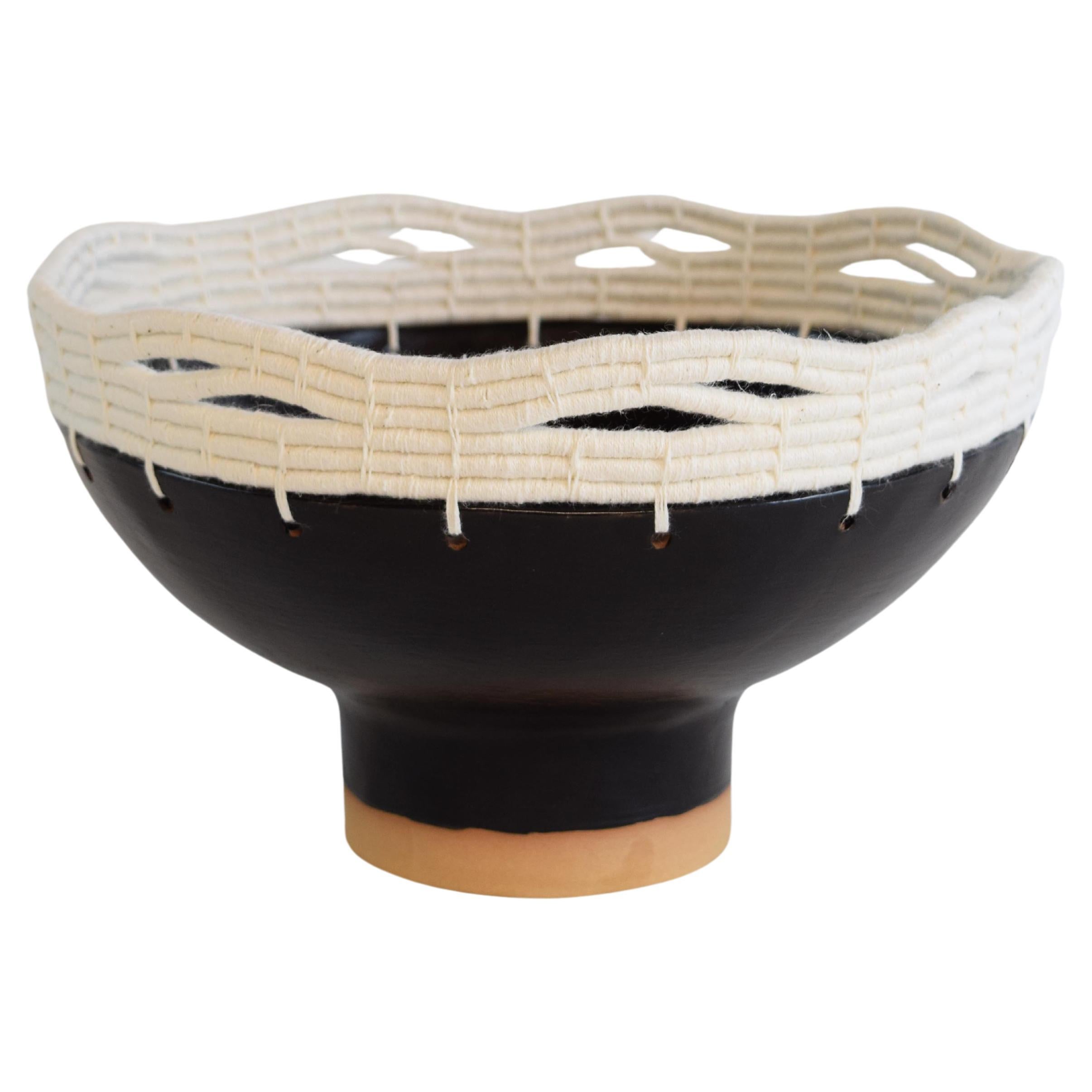 One of a Kind Handmade Ceramic Bowl #804, Satin Black Glaze & Woven White Cotton