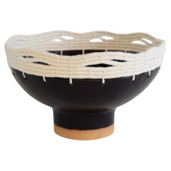 One of a Kind Handmade Ceramic Bowl #804, Satin Black Glaze & Woven White Cotton