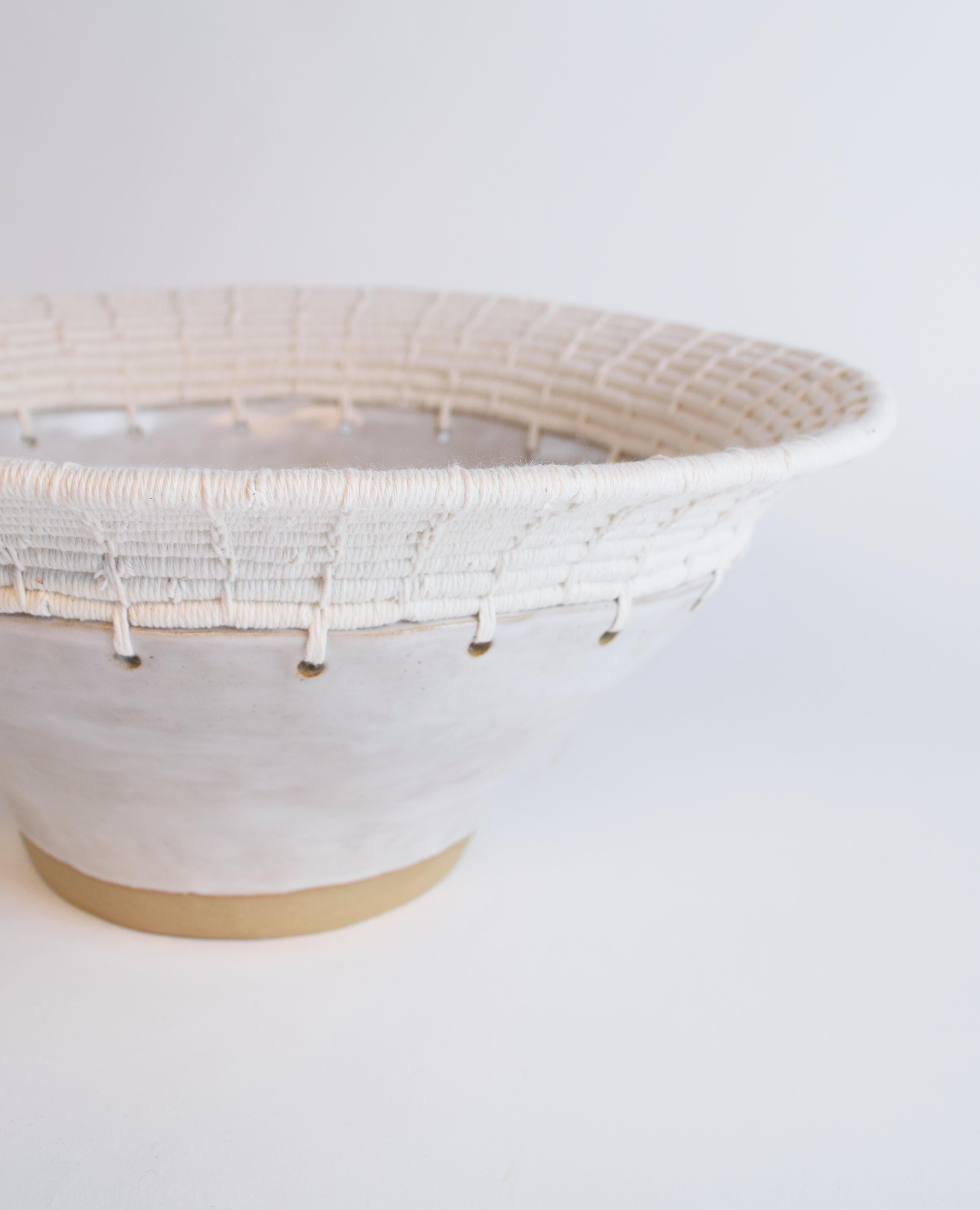 Organic Modern One of a Kind Handmade Ceramic Bowl #807, White Glaze & Woven Cotton Upper For Sale