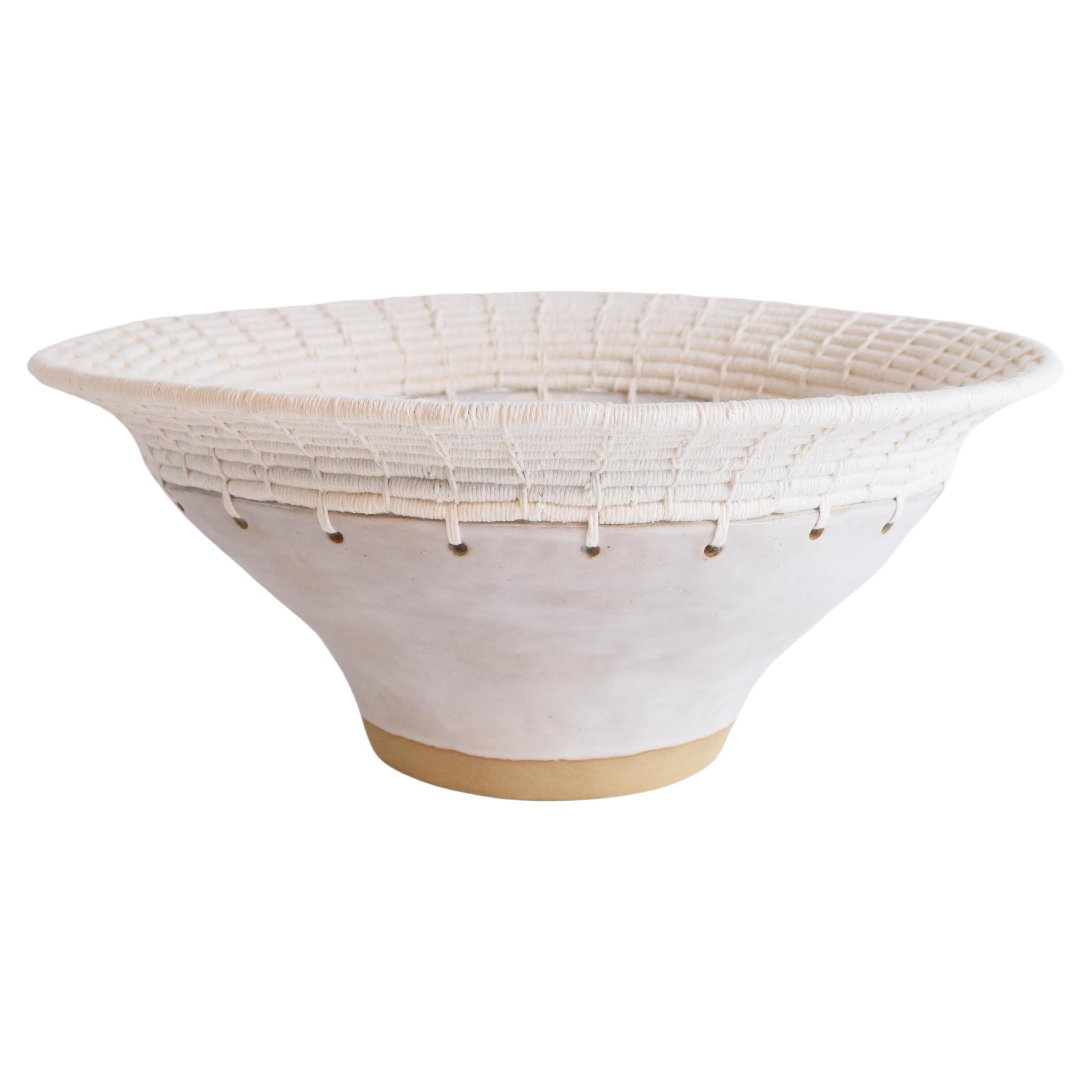 One of a Kind Handmade Ceramic Bowl #807, White Glaze & Woven Cotton Upper For Sale