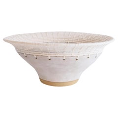 One of a Kind Handmade Ceramic Bowl #807, White Glaze & Woven Cotton Upper