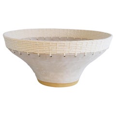 One of a Kind Handmade Ceramic Bowl #816, White Glaze & Woven Cotton Edge Detail