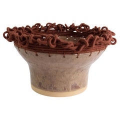 One of a Kind Handmade Ceramic Bowl #828, Taupe Glaze & Woven Cotton Edge Detail