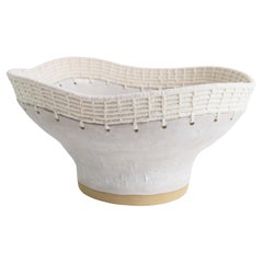 One of a Kind Handmade Ceramic Bowl #829, White Glaze & Woven Cotton Edge Detail