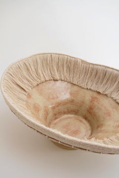 One of a Kind Handmade Ceramic Bowl #857, Tan Shino Glaze & Woven Natural Cotton