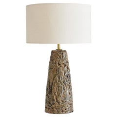 Lampada da tavolo in ceramica fatta a mano, unica nel suo genere, smalto marrone con paralume in lino