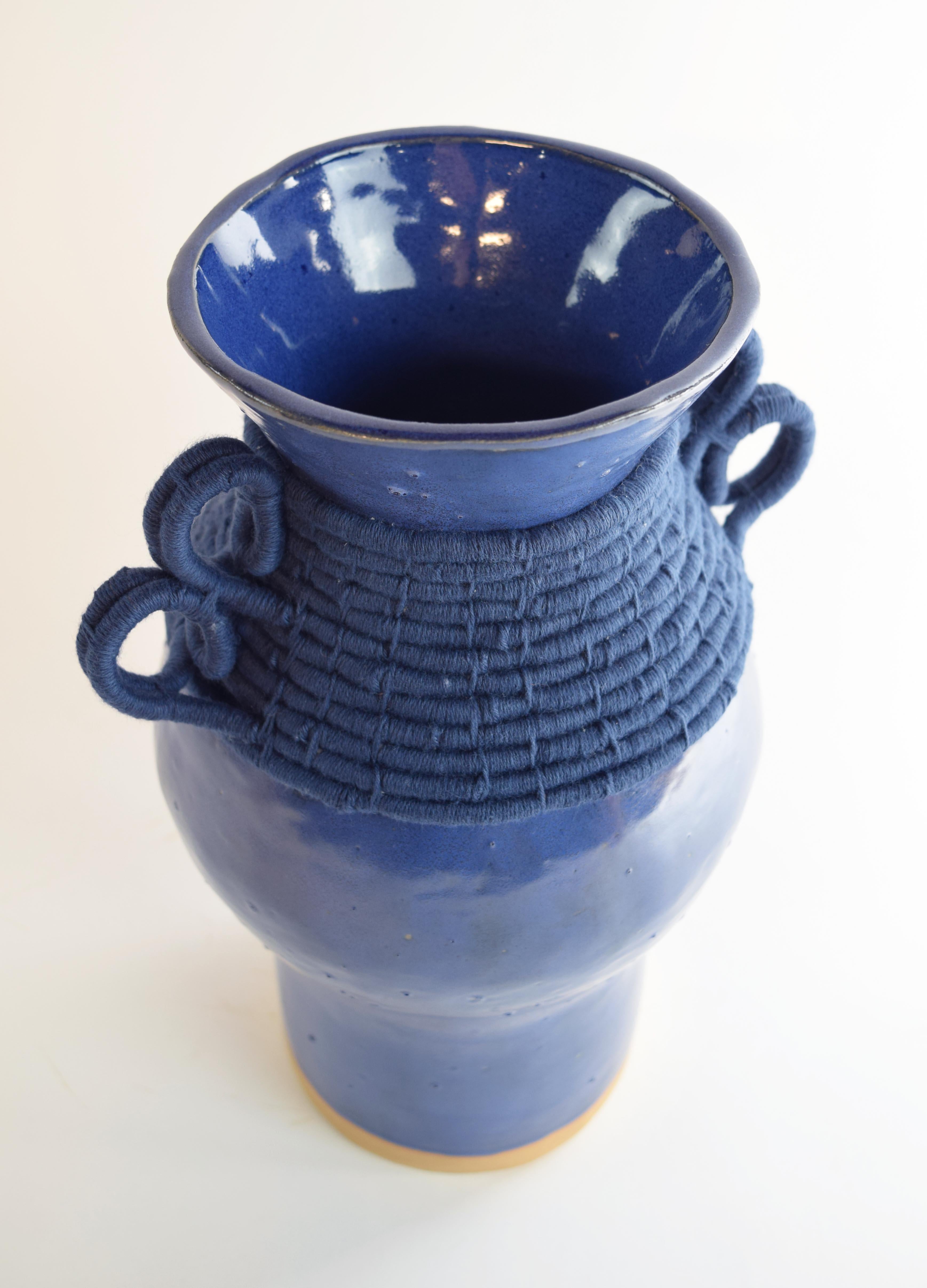Organic Modern One of a Kind Handmade Ceramic Vase #780, Blue Glaze, Woven Navy Cotton Detail