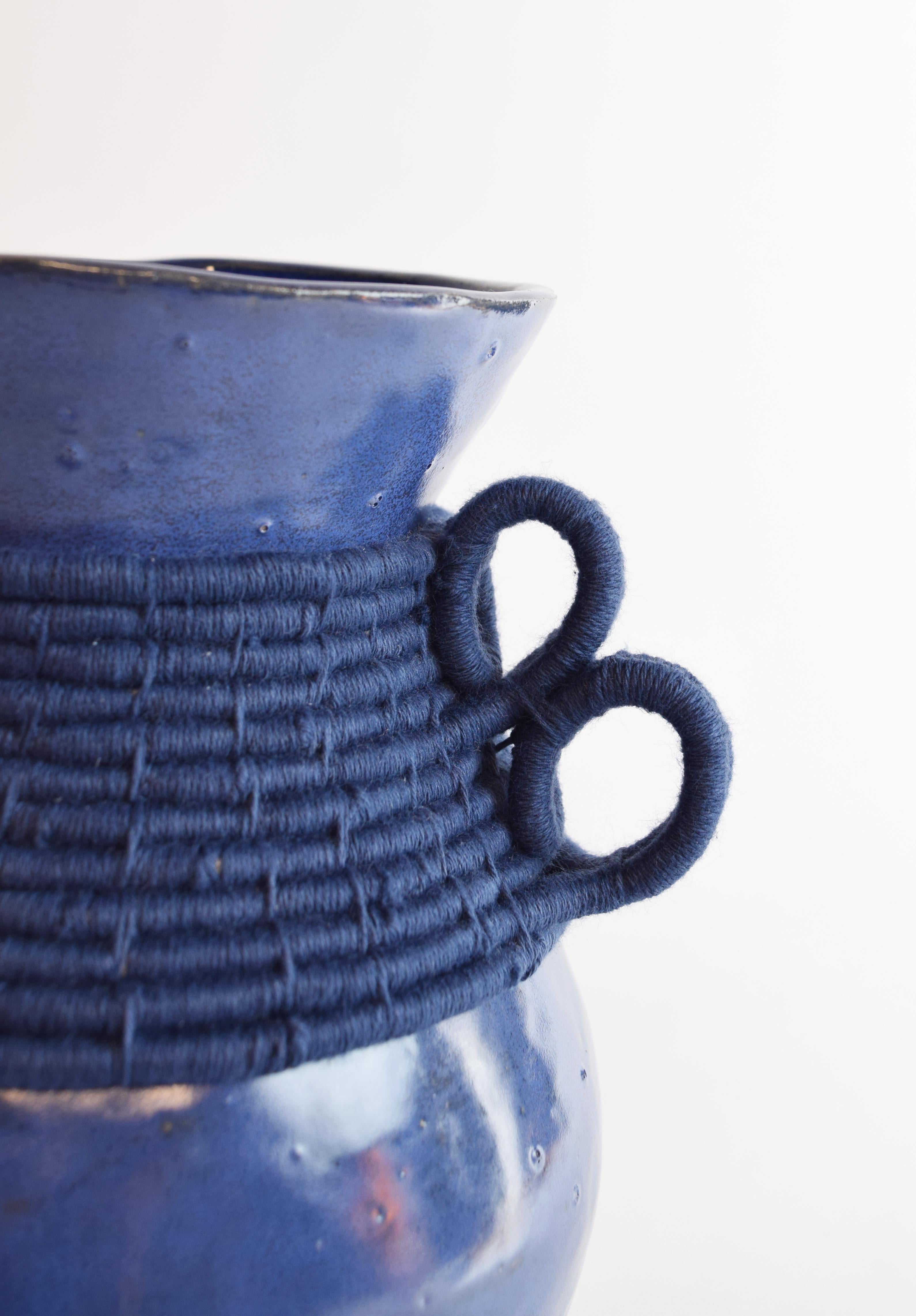 American One of a Kind Handmade Ceramic Vase #780, Blue Glaze, Woven Navy Cotton Detail