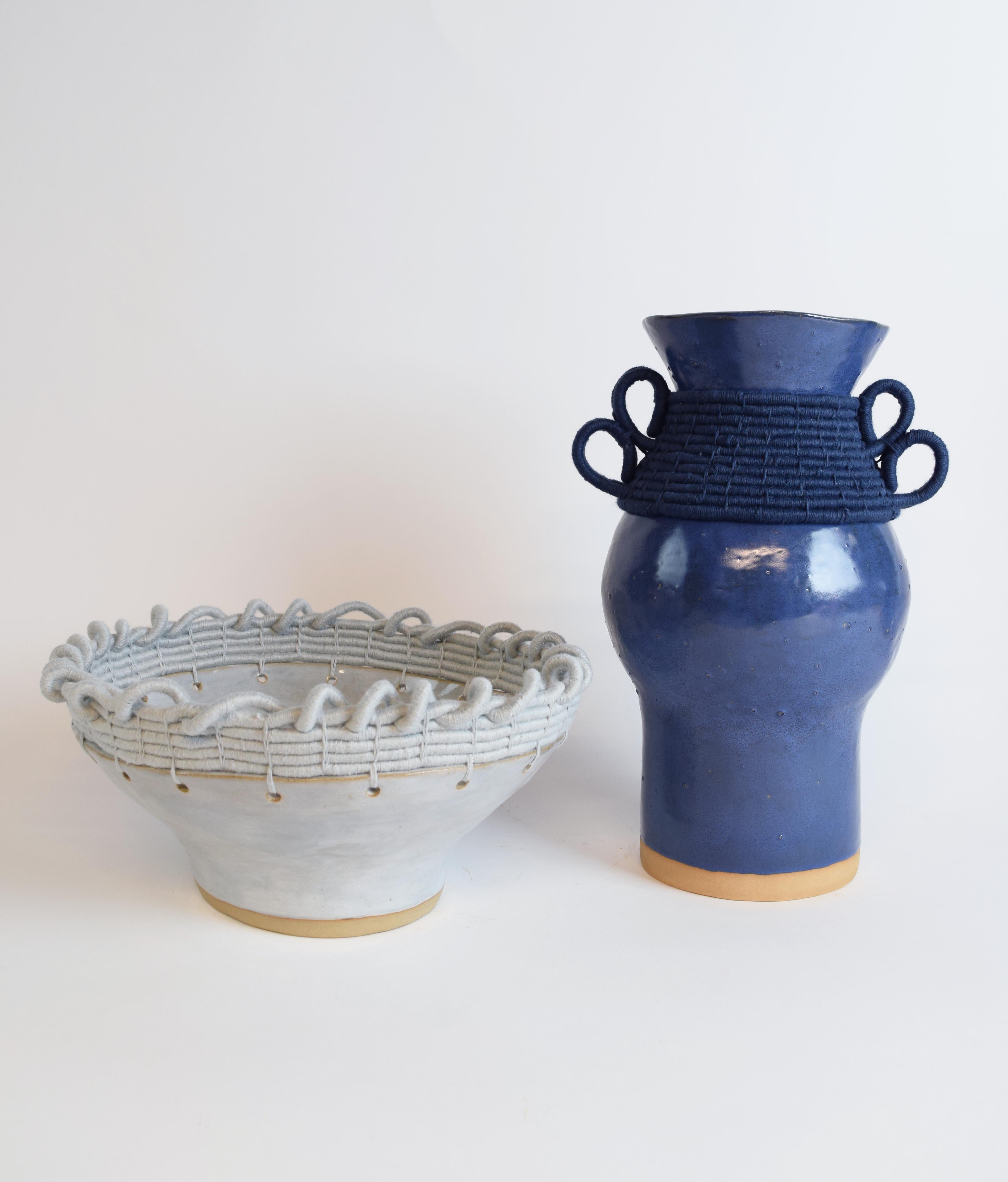 Hand-Crafted One of a Kind Handmade Ceramic Vase #780, Blue Glaze, Woven Navy Cotton Detail