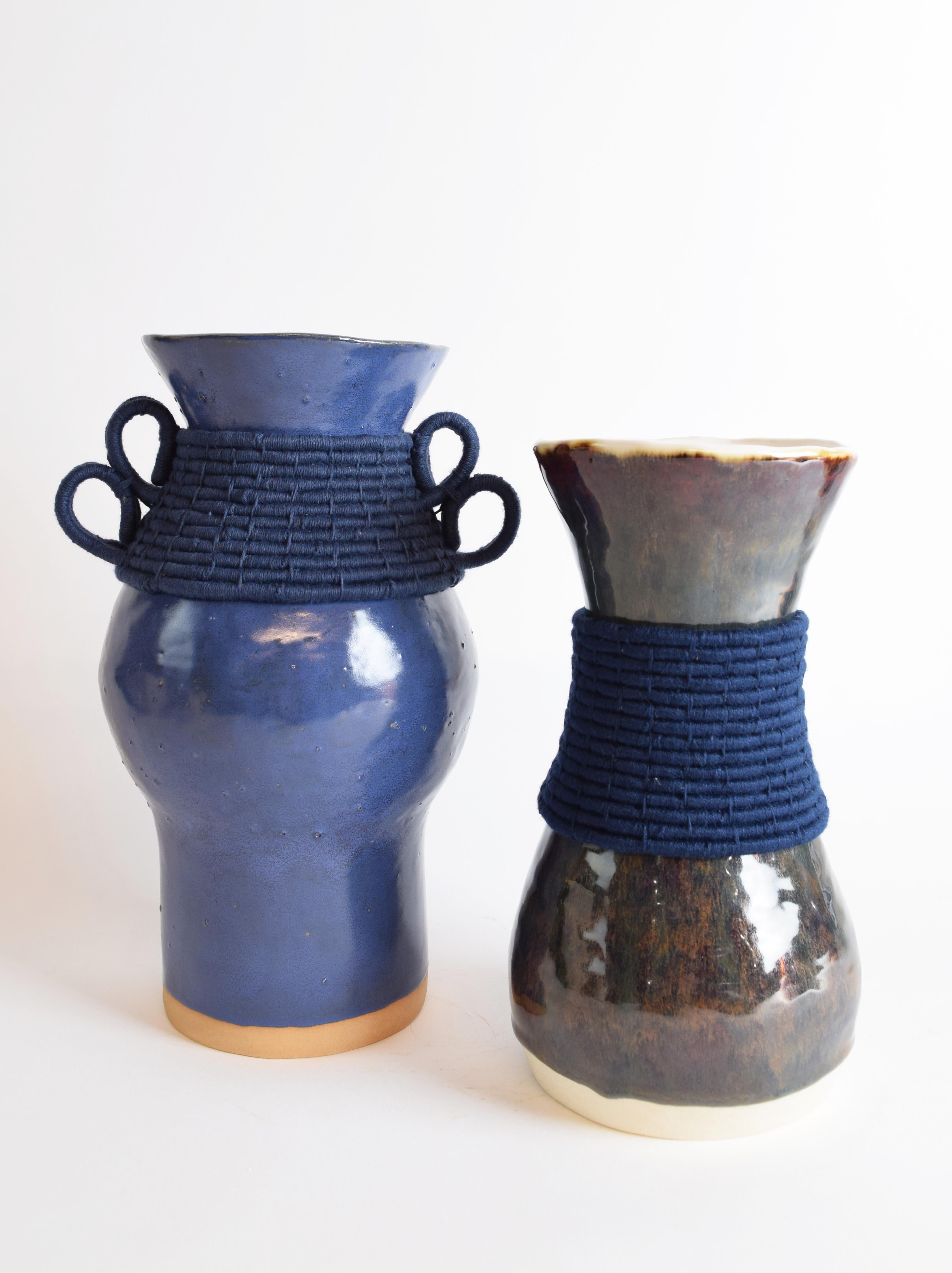 One of a Kind Handmade Ceramic Vase #780, Blue Glaze, Woven Navy Cotton Detail In New Condition In Proctorsville, VT