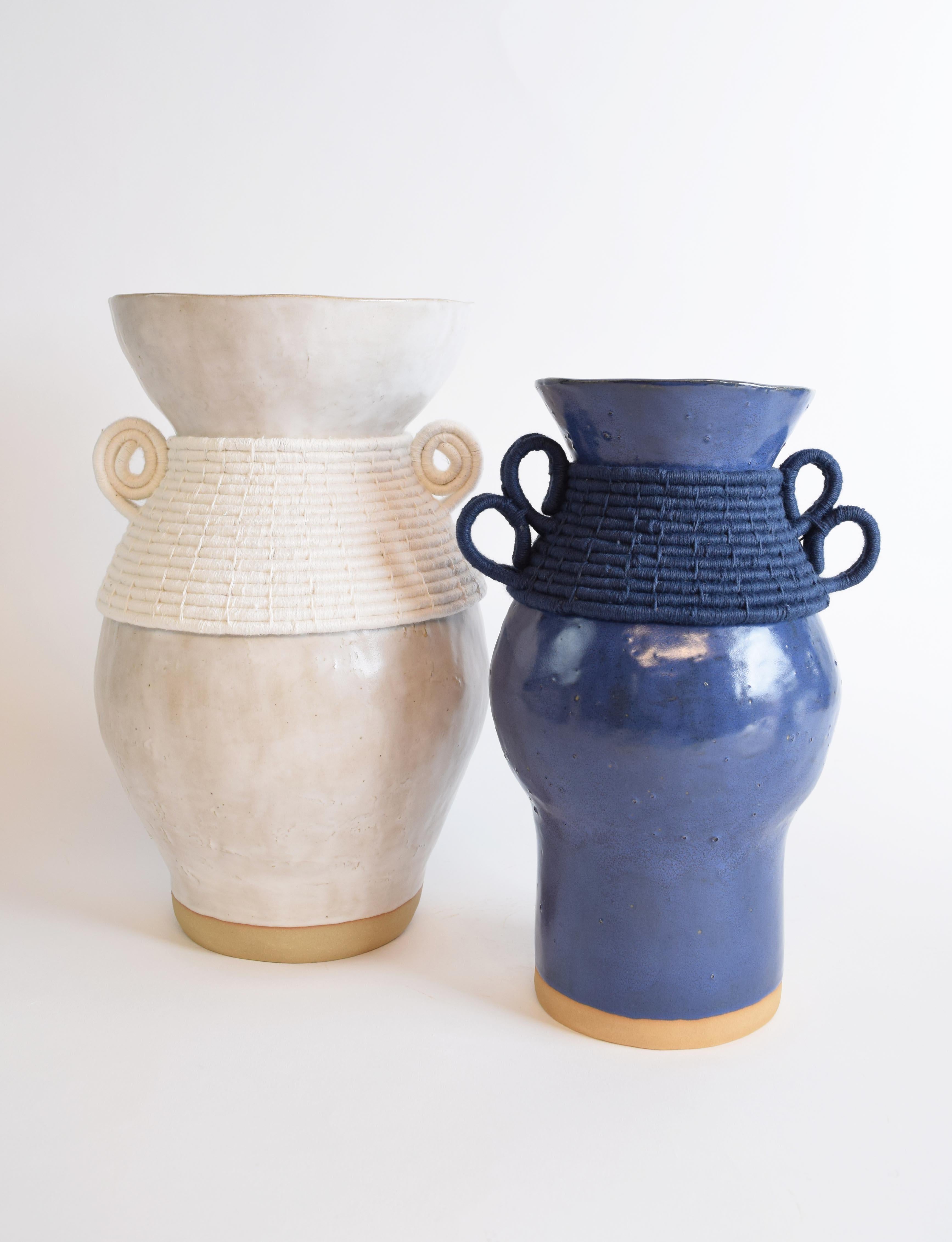 Contemporary One of a Kind Handmade Ceramic Vase #780, Blue Glaze, Woven Navy Cotton Detail