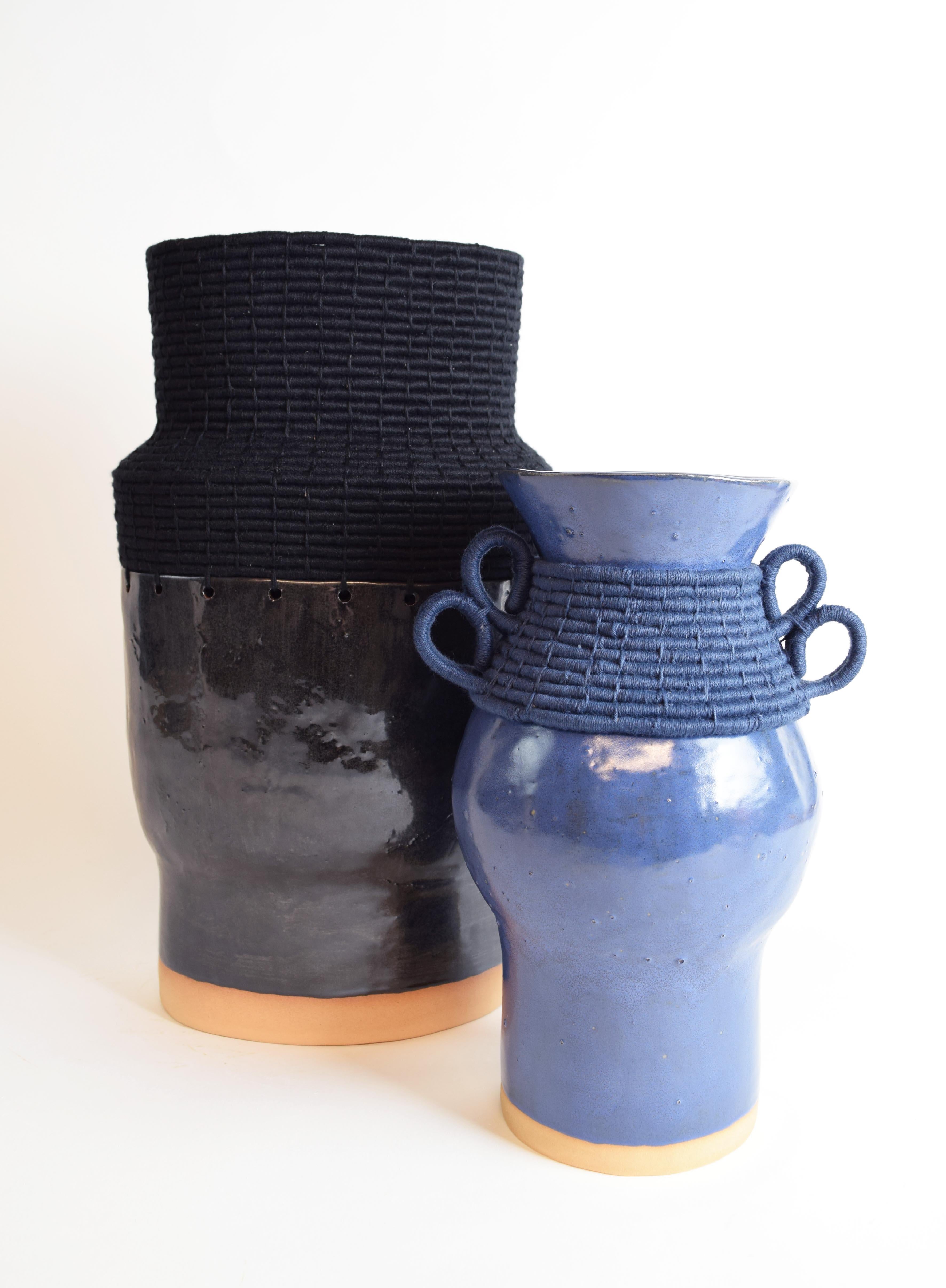 One of a Kind Handmade Ceramic Vase #780, Blue Glaze, Woven Navy Cotton Detail 1