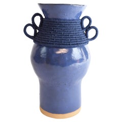 One of a Kind Handmade Ceramic Vase #780, Blue Glaze, Woven Navy Cotton Detail