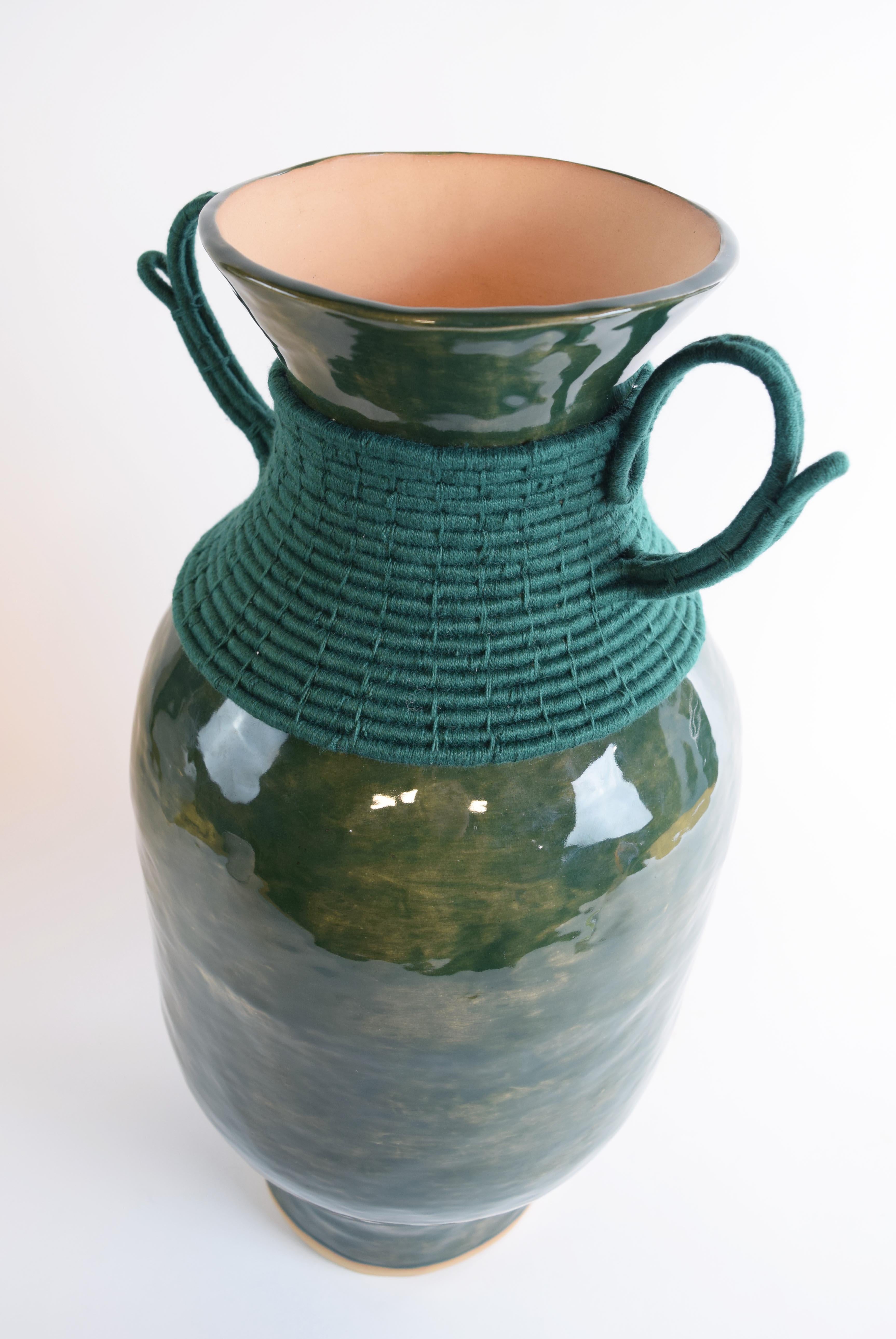 Organic Modern One of a Kind Handmade Ceramic Vase #787, Green Glaze, Woven Green Cotton
