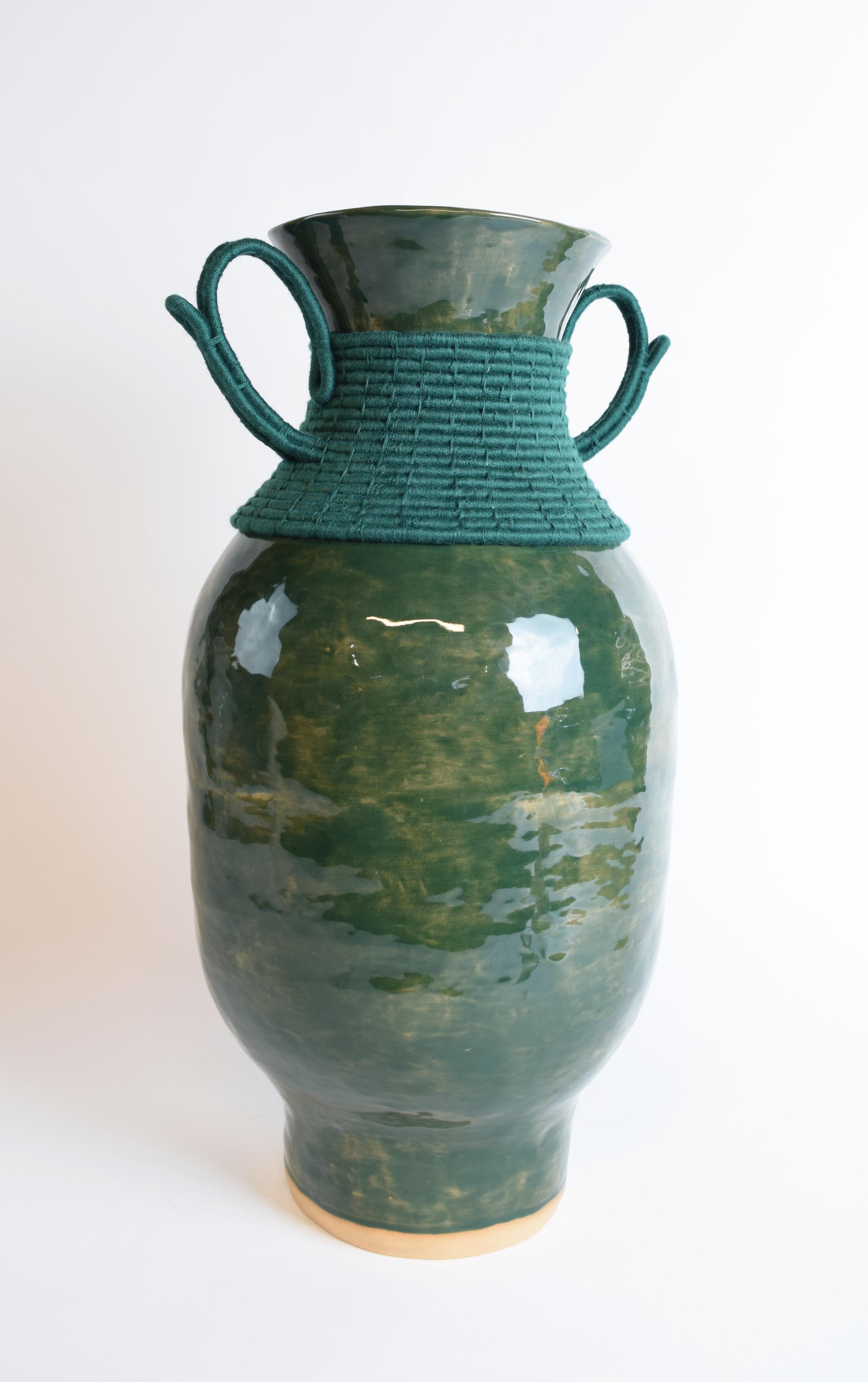 American One of a Kind Handmade Ceramic Vase #787, Green Glaze, Woven Green Cotton