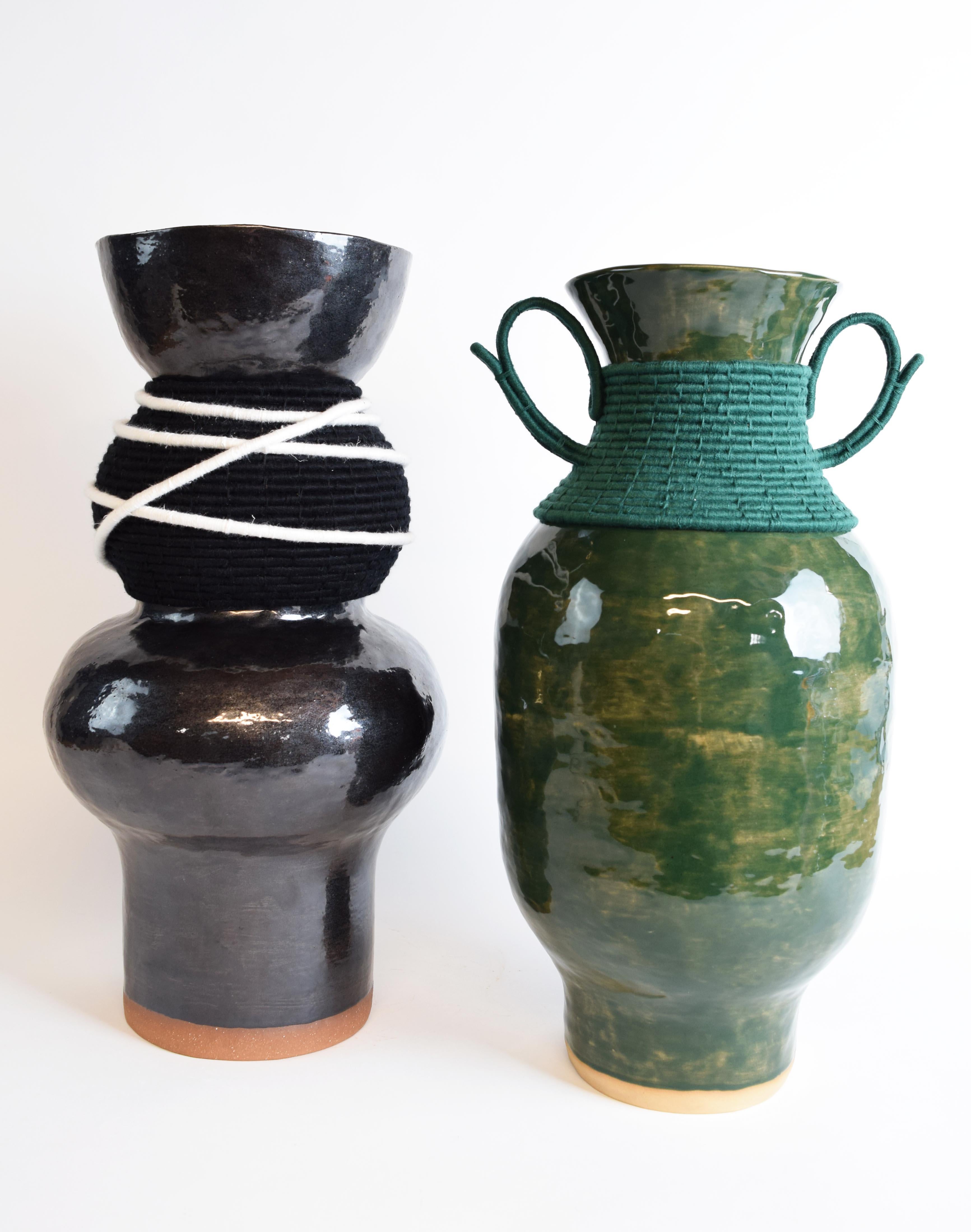 One of a Kind Handmade Ceramic Vase #787, Green Glaze, Woven Green Cotton 1