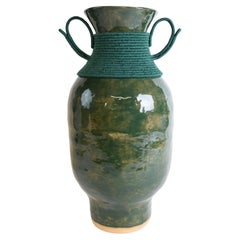 One of a Kind Handmade Ceramic Vase #787, Green Glaze, Woven Green Cotton
