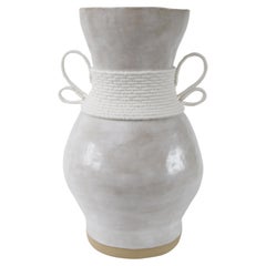 One of a Kind Handmade Ceramic Vase #795 - White Glaze & Woven Cotton Detail