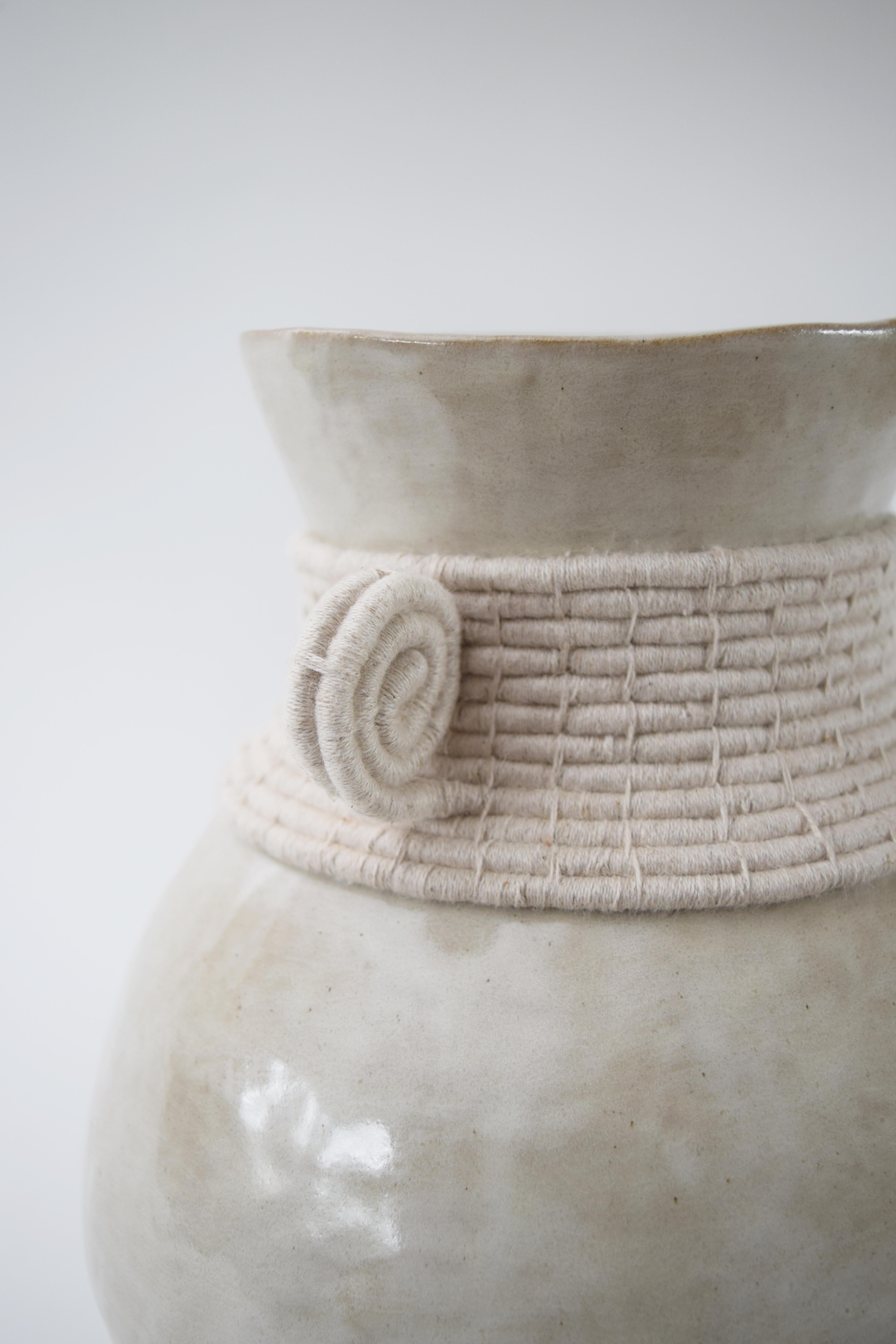 American One of a Kind Handmade Ceramic Vase #796 - Off White Glaze & Woven Cotton Detail For Sale