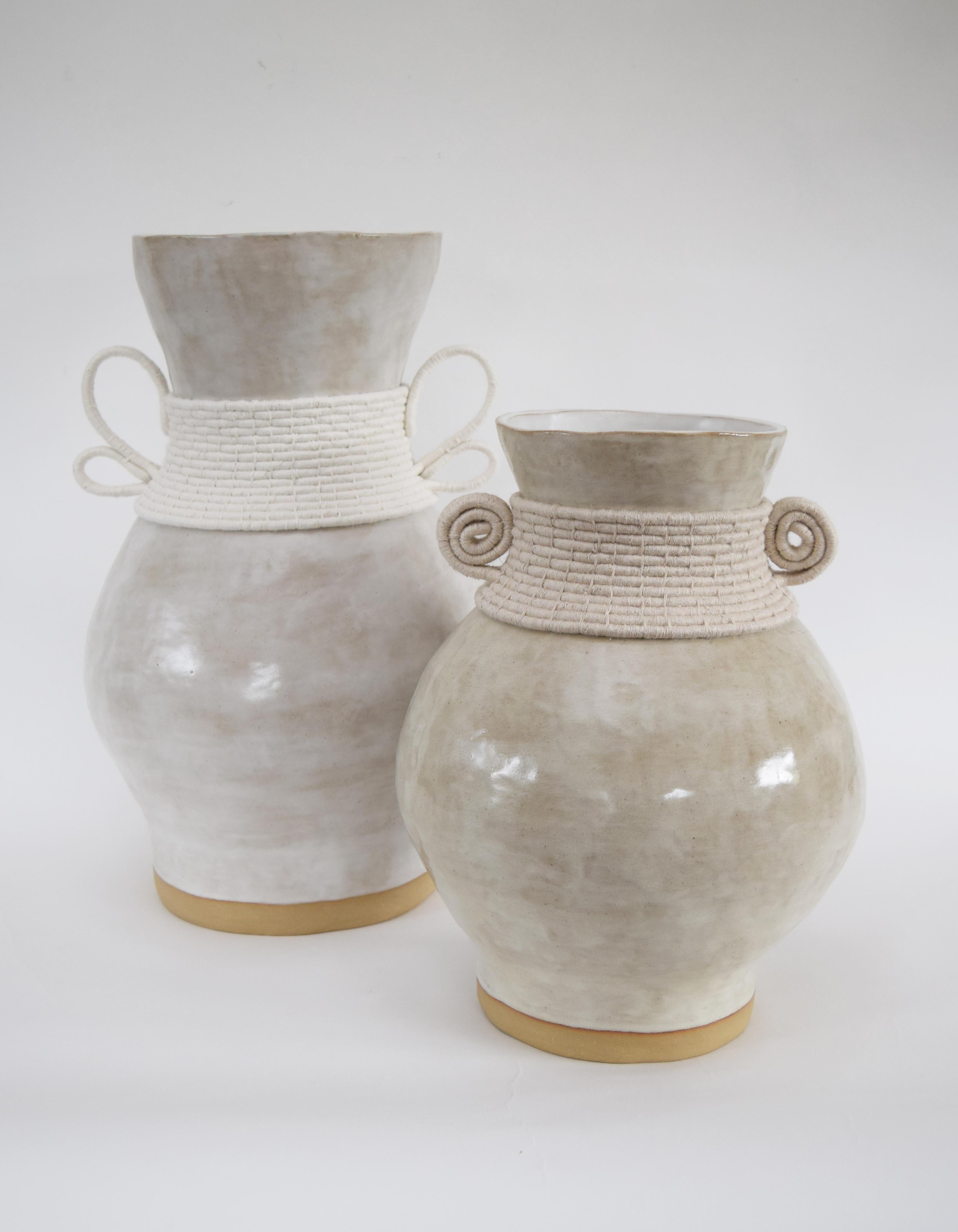 Hand-Crafted One of a Kind Handmade Ceramic Vase #796 - Off White Glaze & Woven Cotton Detail