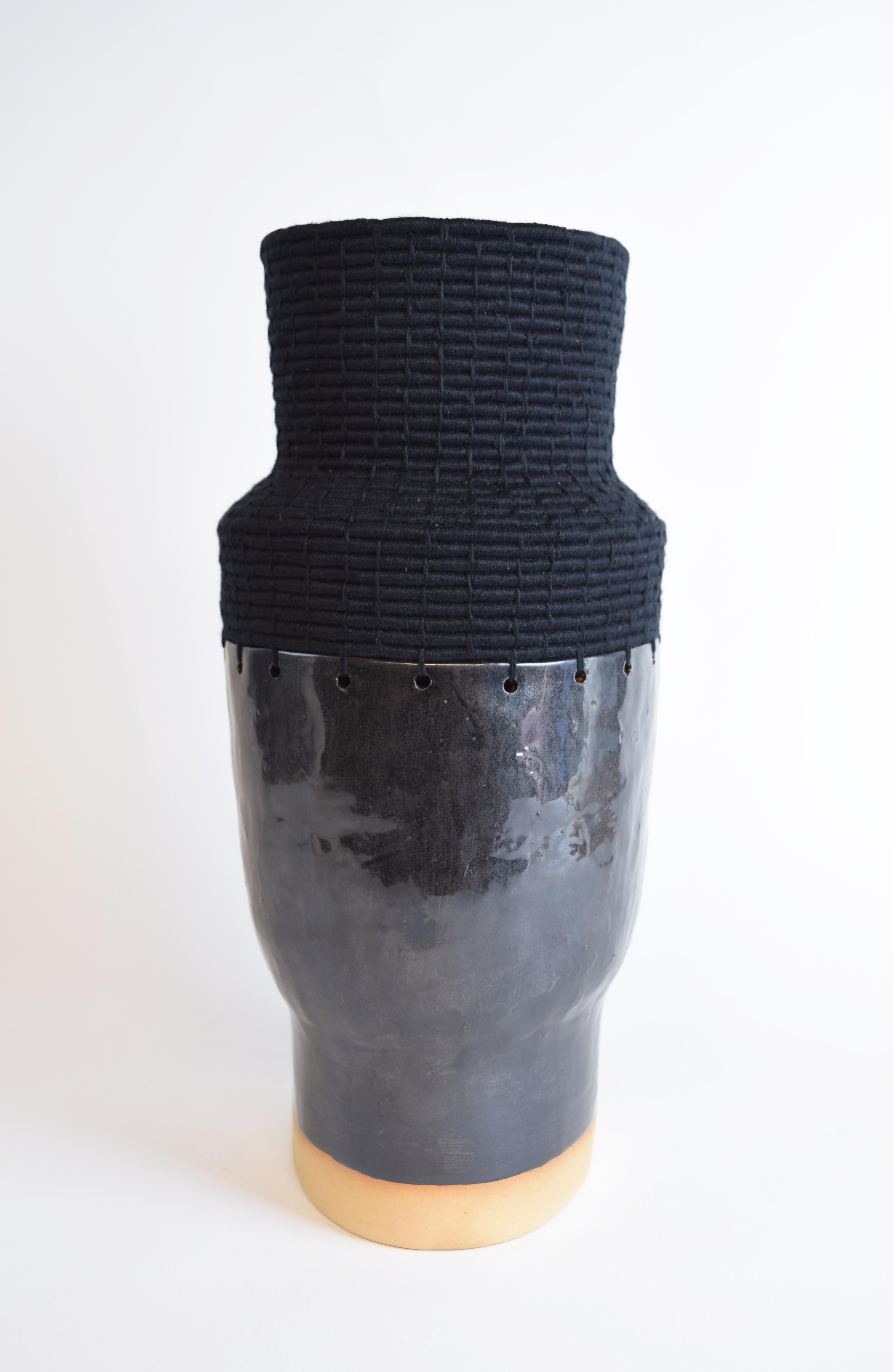 Organic Modern One of a Kind Handmade Ceramic Vessel #783, Black Glaze, Woven Black Cotton For Sale