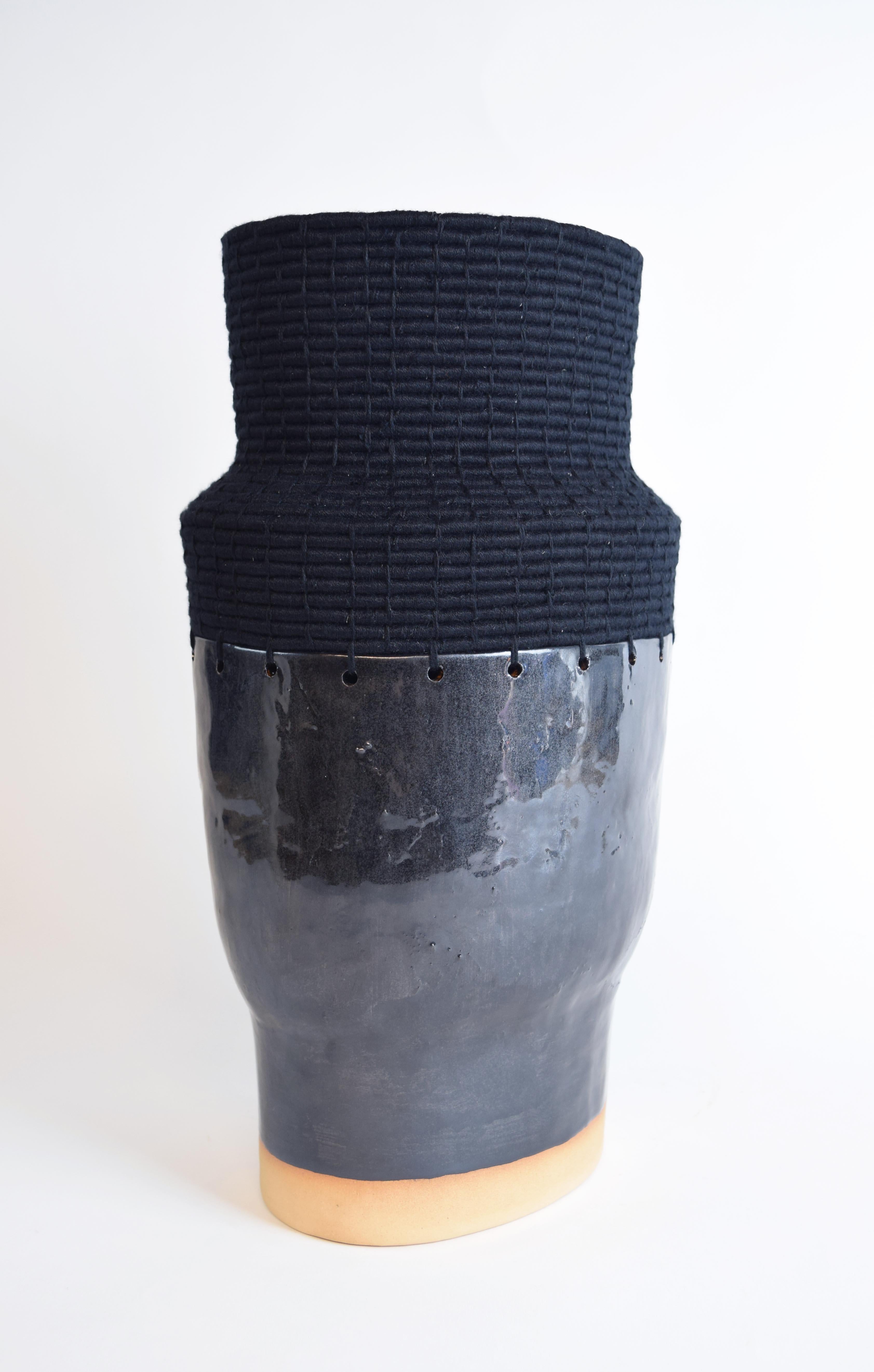 One of a Kind Handmade Ceramic Vessel #783, Black Glaze, Woven Black Cotton In New Condition In Proctorsville, VT