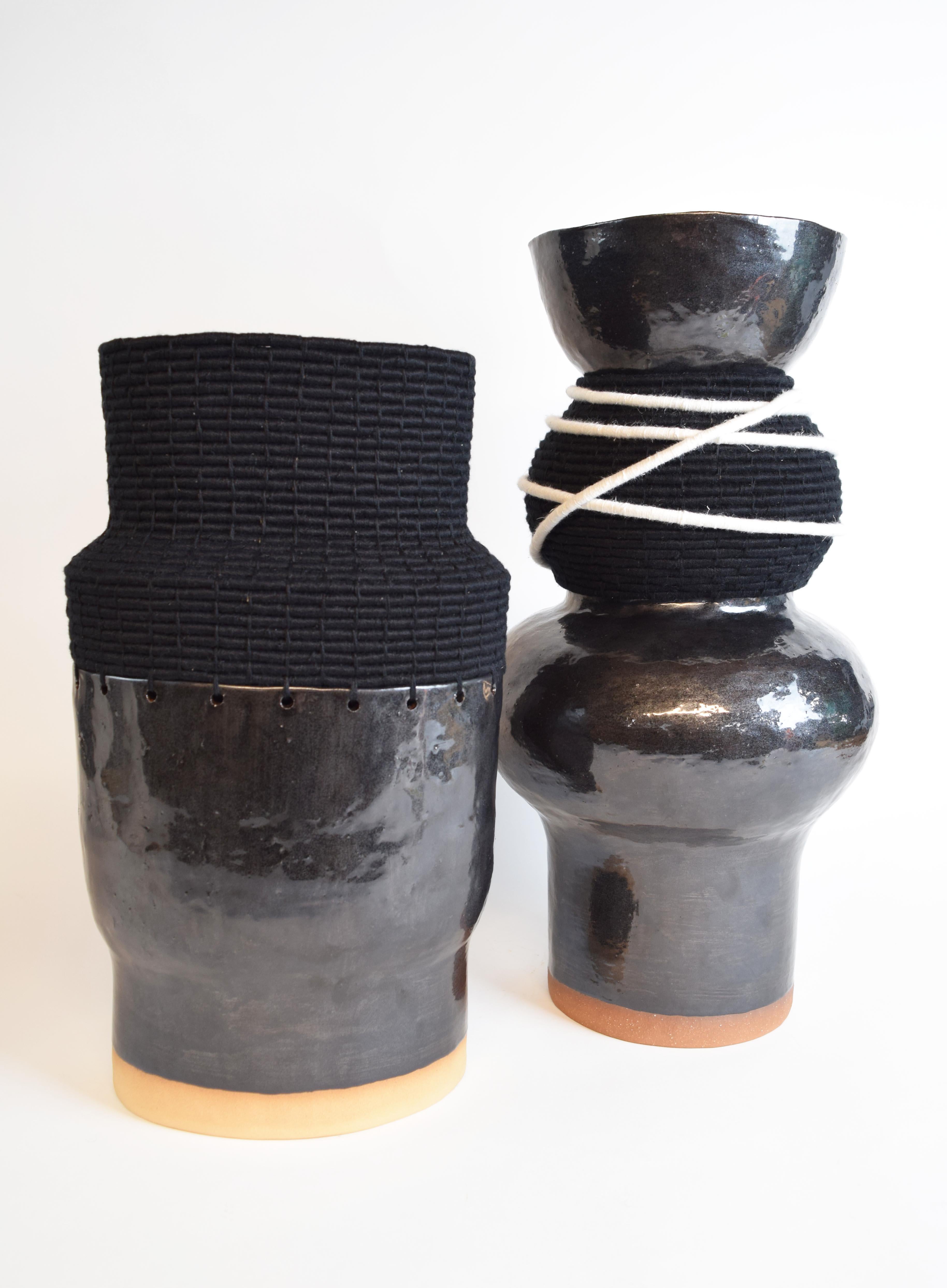 Contemporary One of a Kind Handmade Ceramic Vessel #783, Black Glaze, Woven Black Cotton