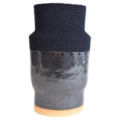 One of a Kind Handmade Ceramic Vessel #783, Black Glaze, Woven Black Cotton