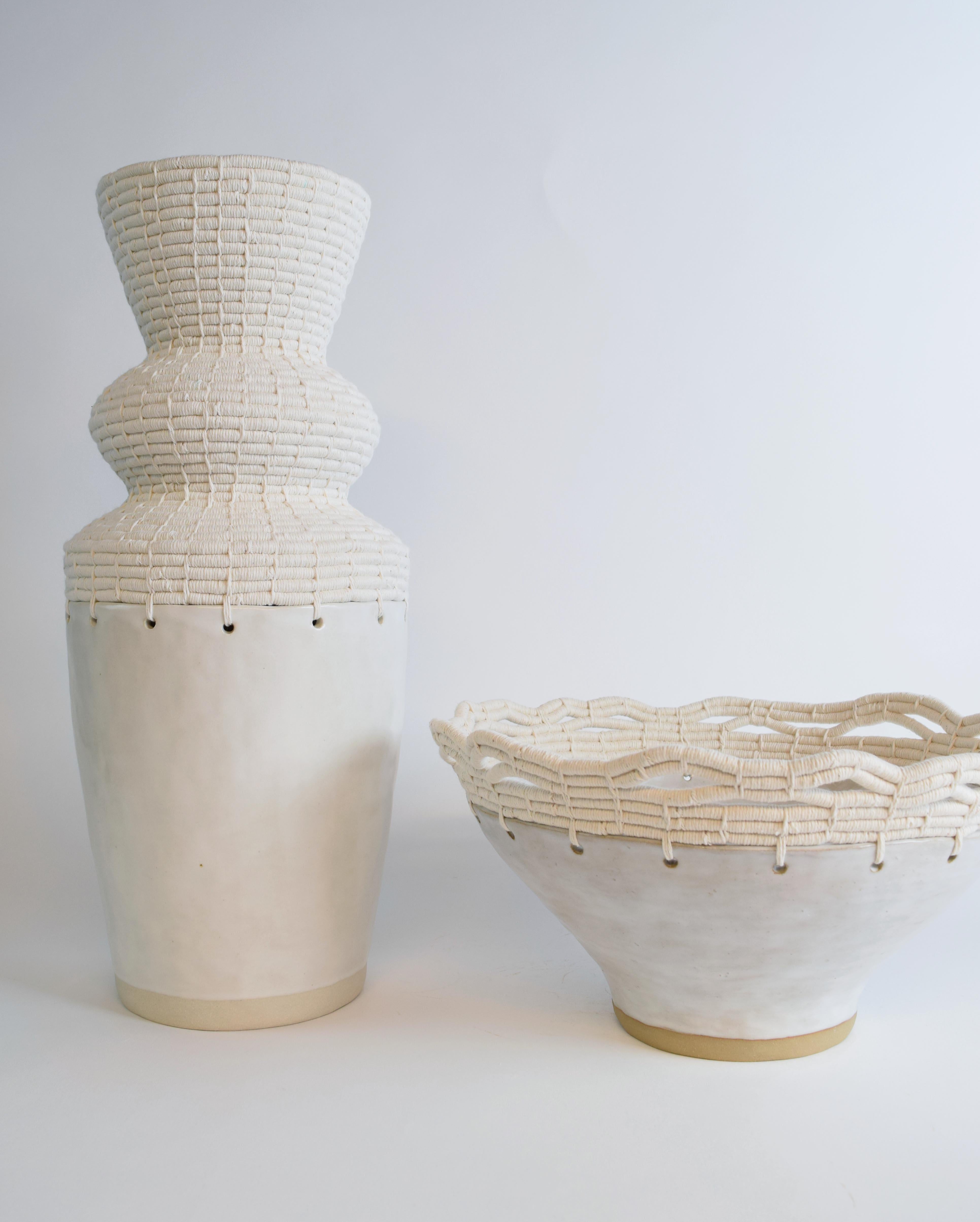 Hand-Crafted One of a Kind Handmade Ceramic Vessel #784, White Glaze, Woven White Cotton