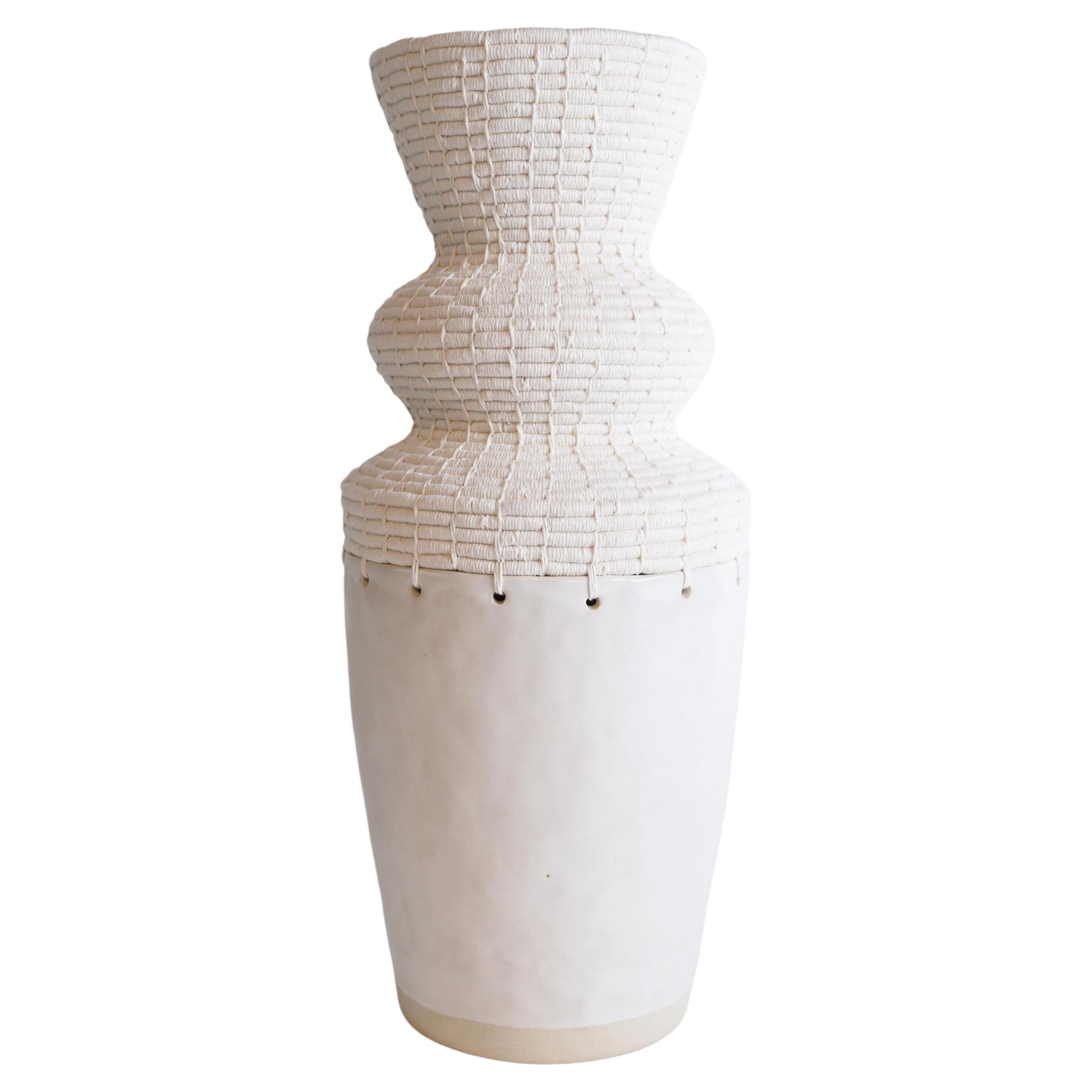 One of a Kind Handmade Ceramic Vessel #784, White Glaze, Woven White Cotton