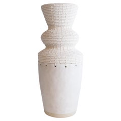 One of a Kind Handmade Ceramic Vessel #784, White Glaze, Woven White Cotton