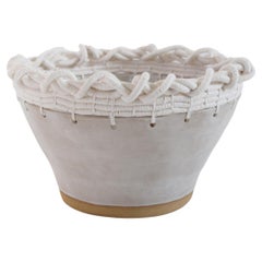 One of a Kind Handmade Ceramic & Woven Cotton Bowl #793, White Glaze and Fiber