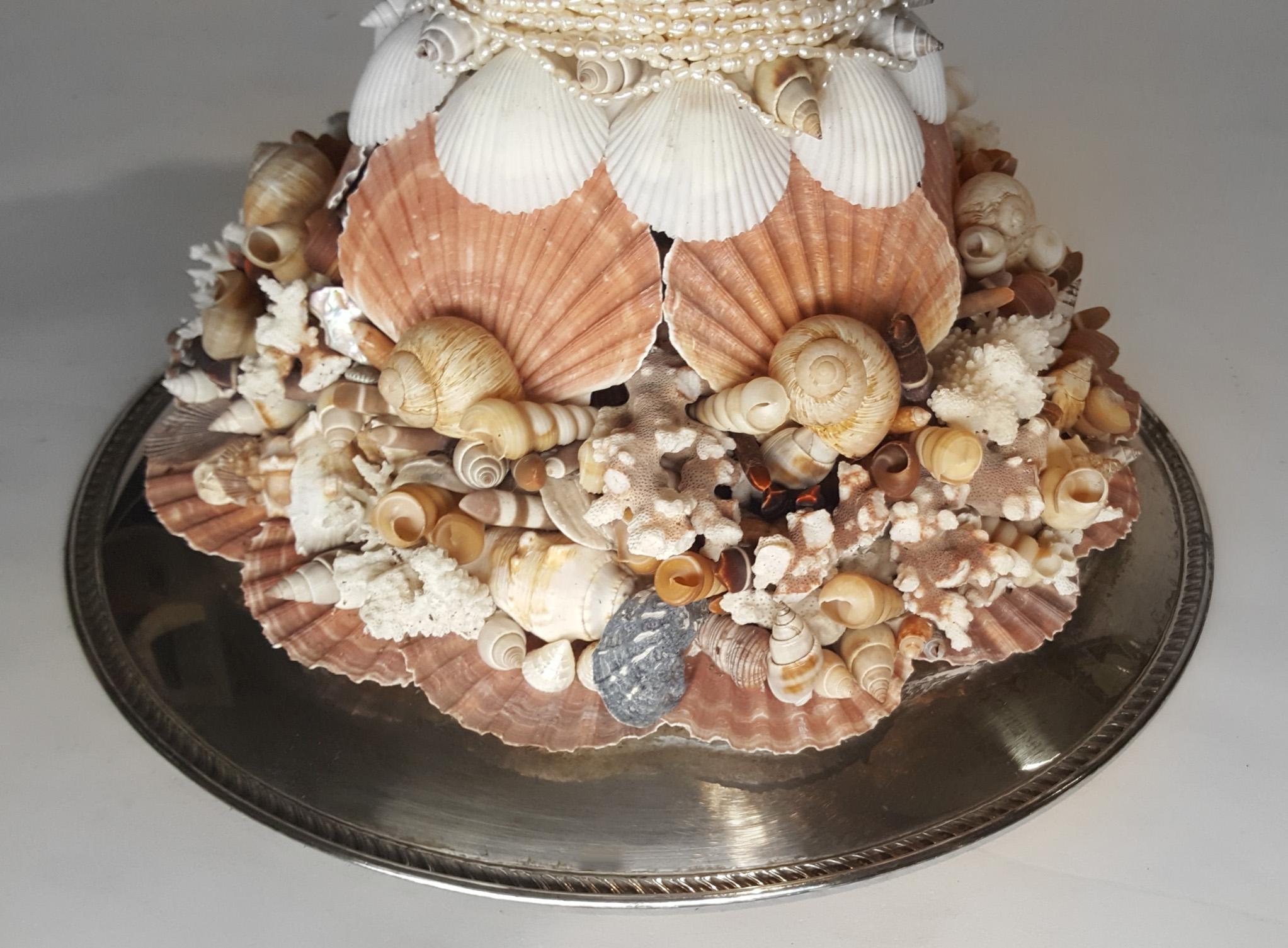 American One-of-a-Kind Handmade Exotic Sea Shell Encrusted Silver Plated Display Pedestal