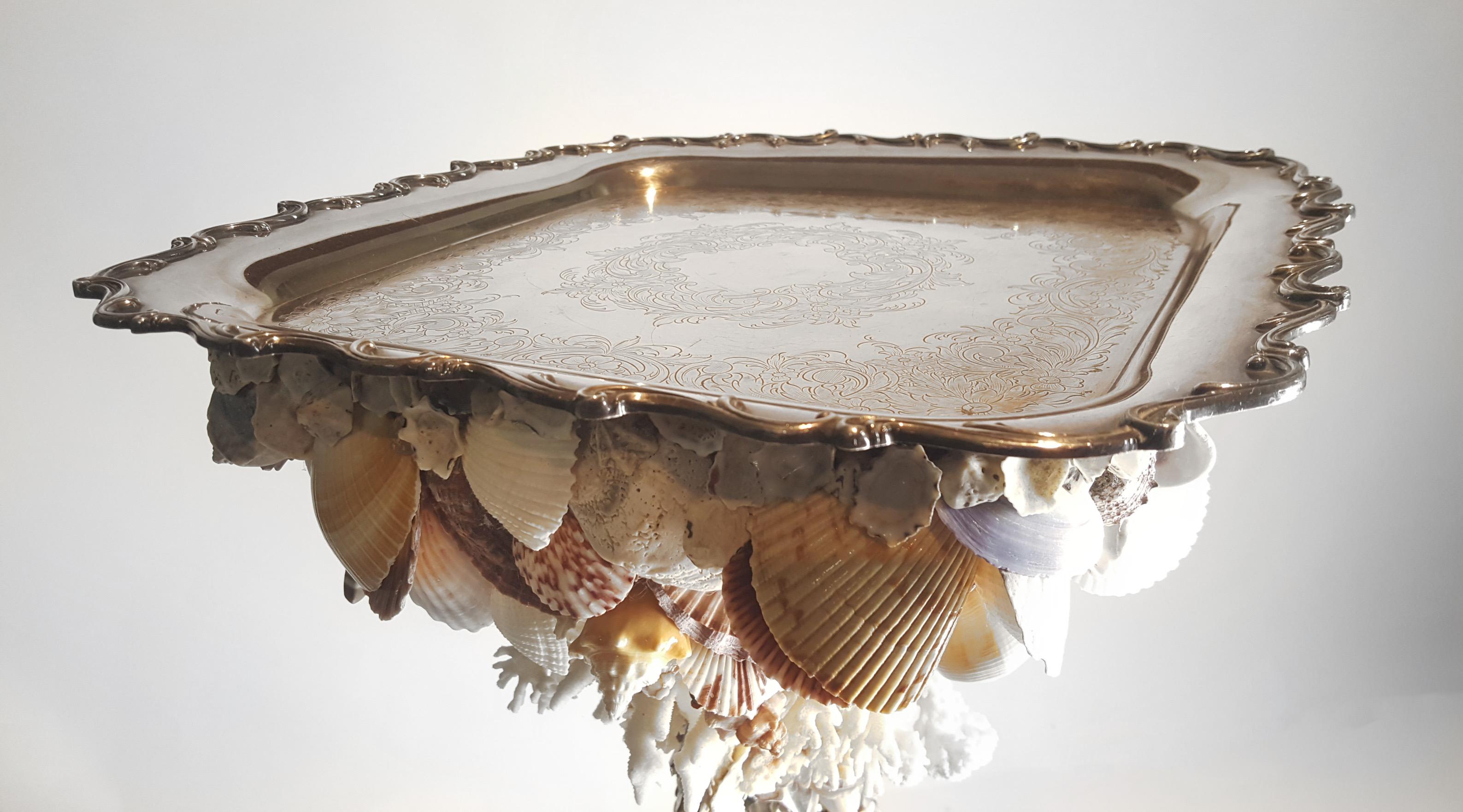 One-of-a-Kind Handmade Exotic Sea Shell Encrusted Silver Plated Display Pedestal In Good Condition In Dallas, TX