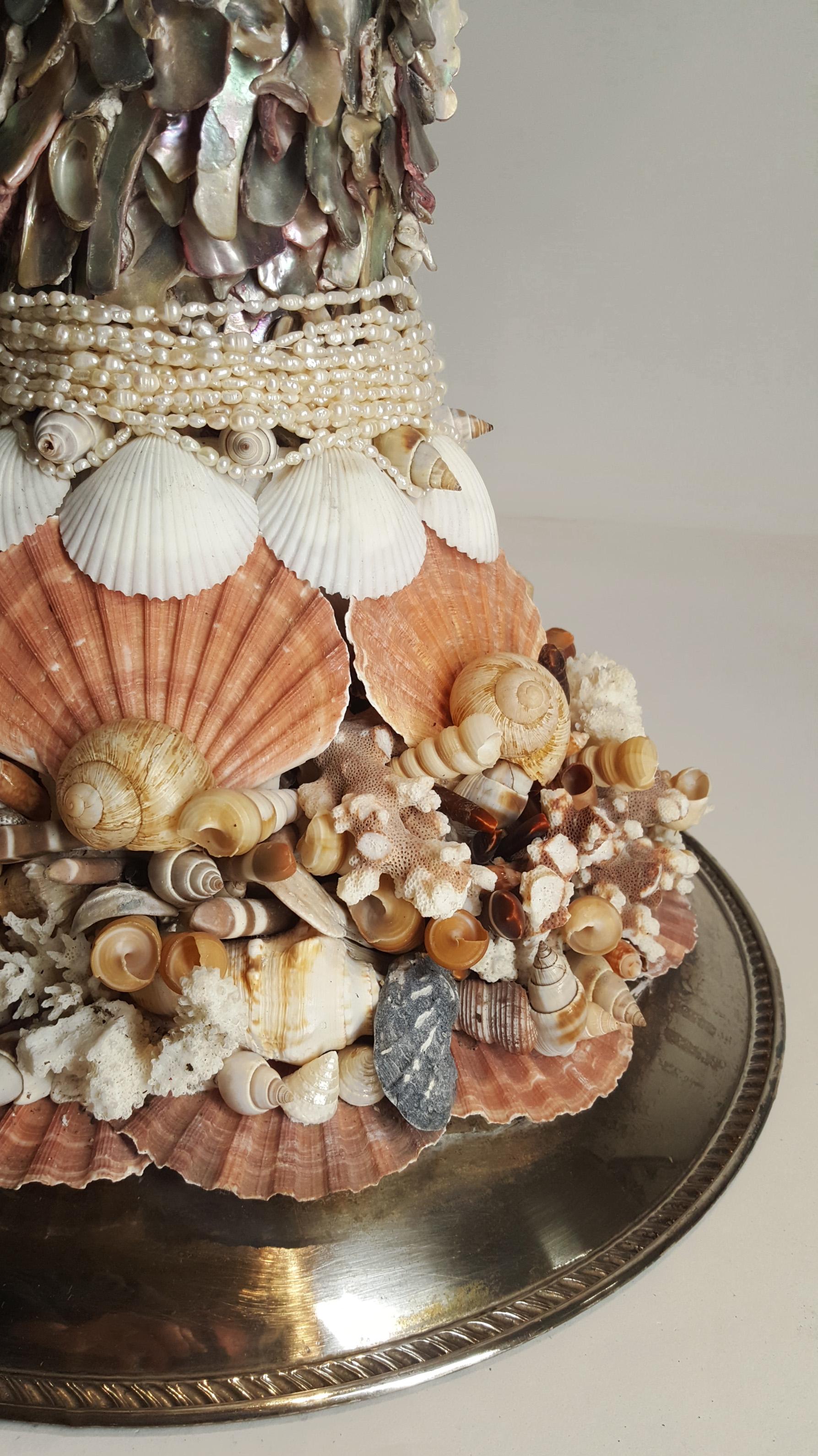 Contemporary One-of-a-Kind Handmade Exotic Sea Shell Encrusted Silver Plated Display Pedestal