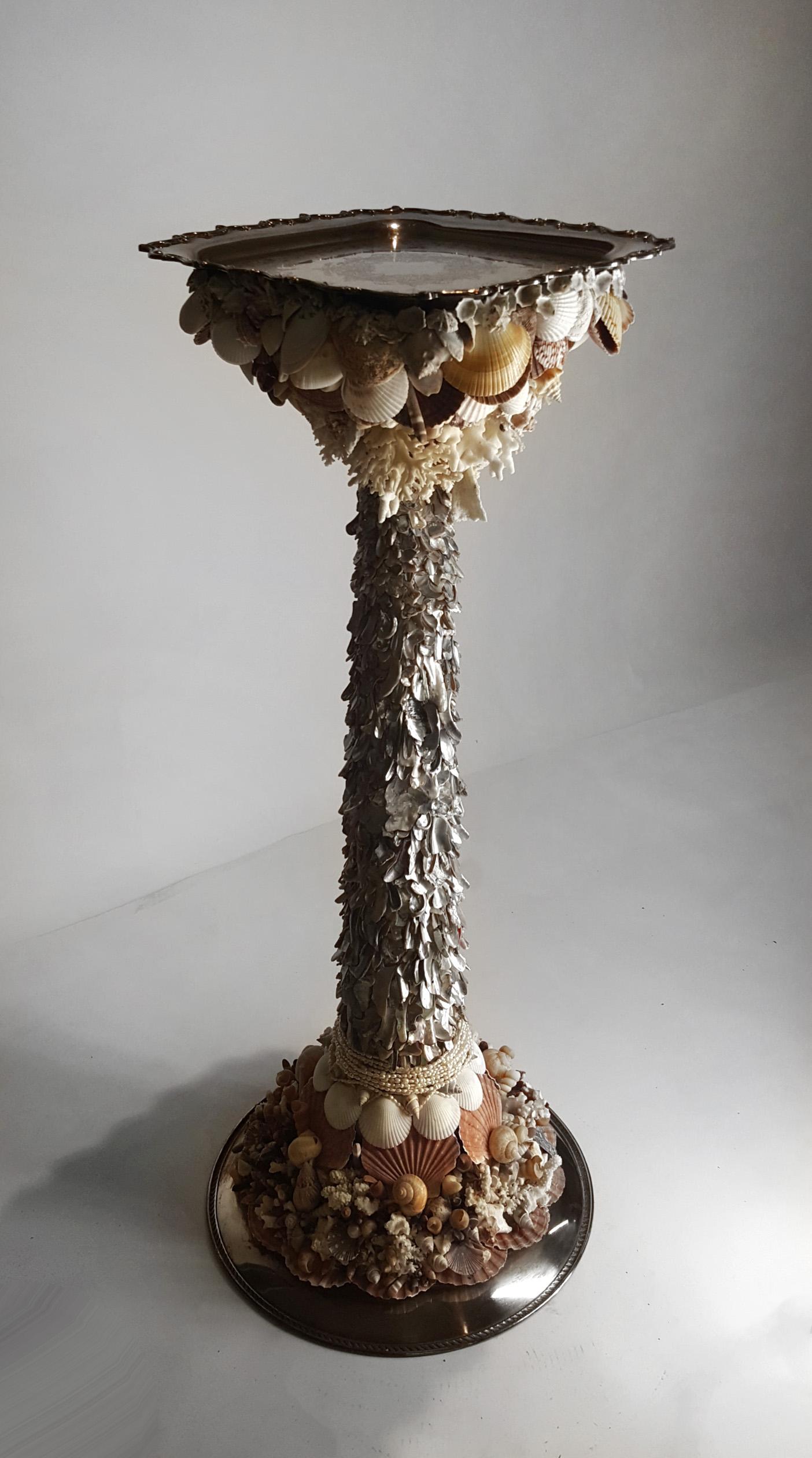 One-of-a-Kind Handmade Exotic Sea Shell Encrusted Silver Plated Display Pedestal 2