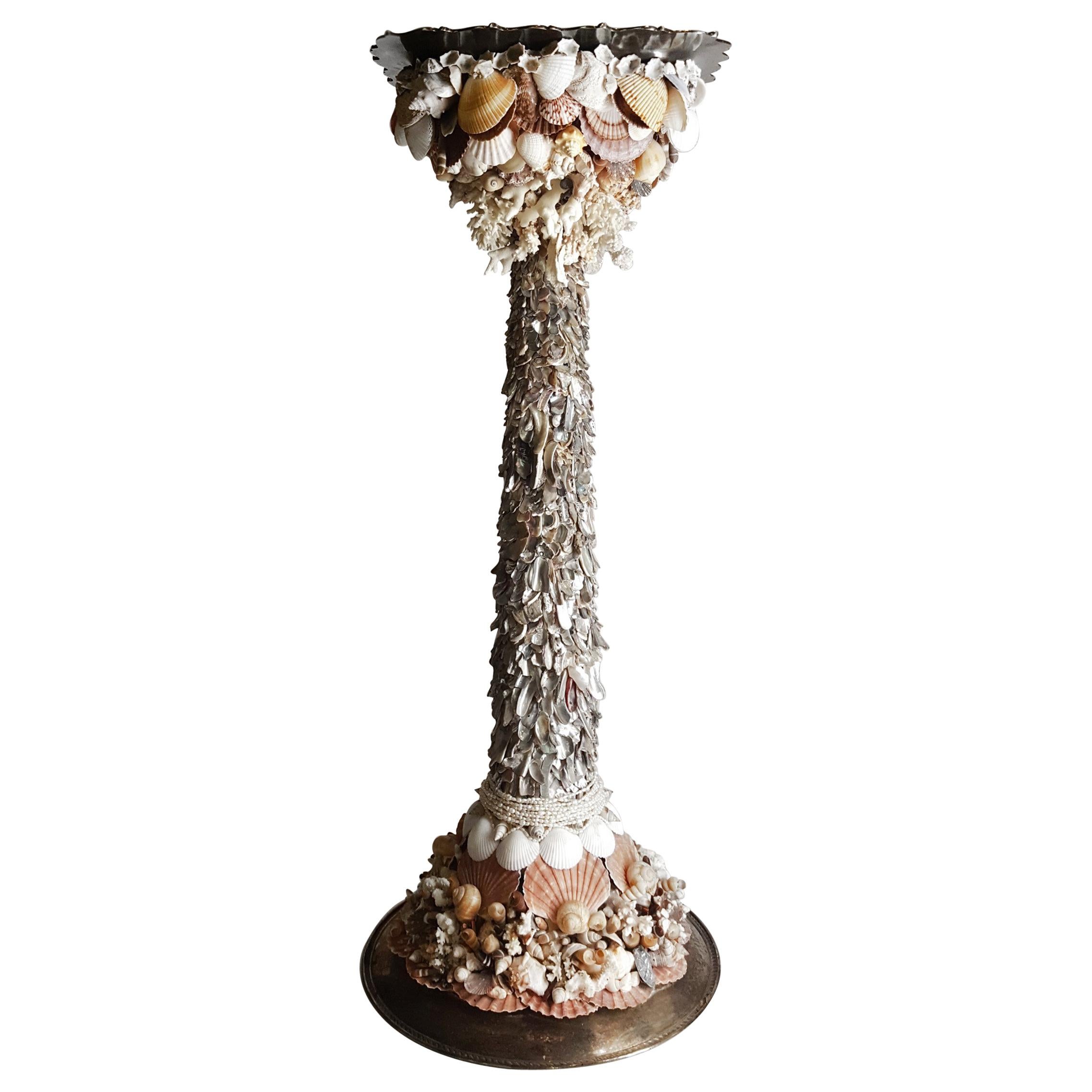 One-of-a-Kind Handmade Exotic Sea Shell Encrusted Silver Plated Display Pedestal