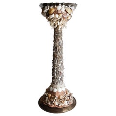 One-of-a-Kind Handmade Exotic Sea Shell Encrusted Silver Plated Display Pedestal