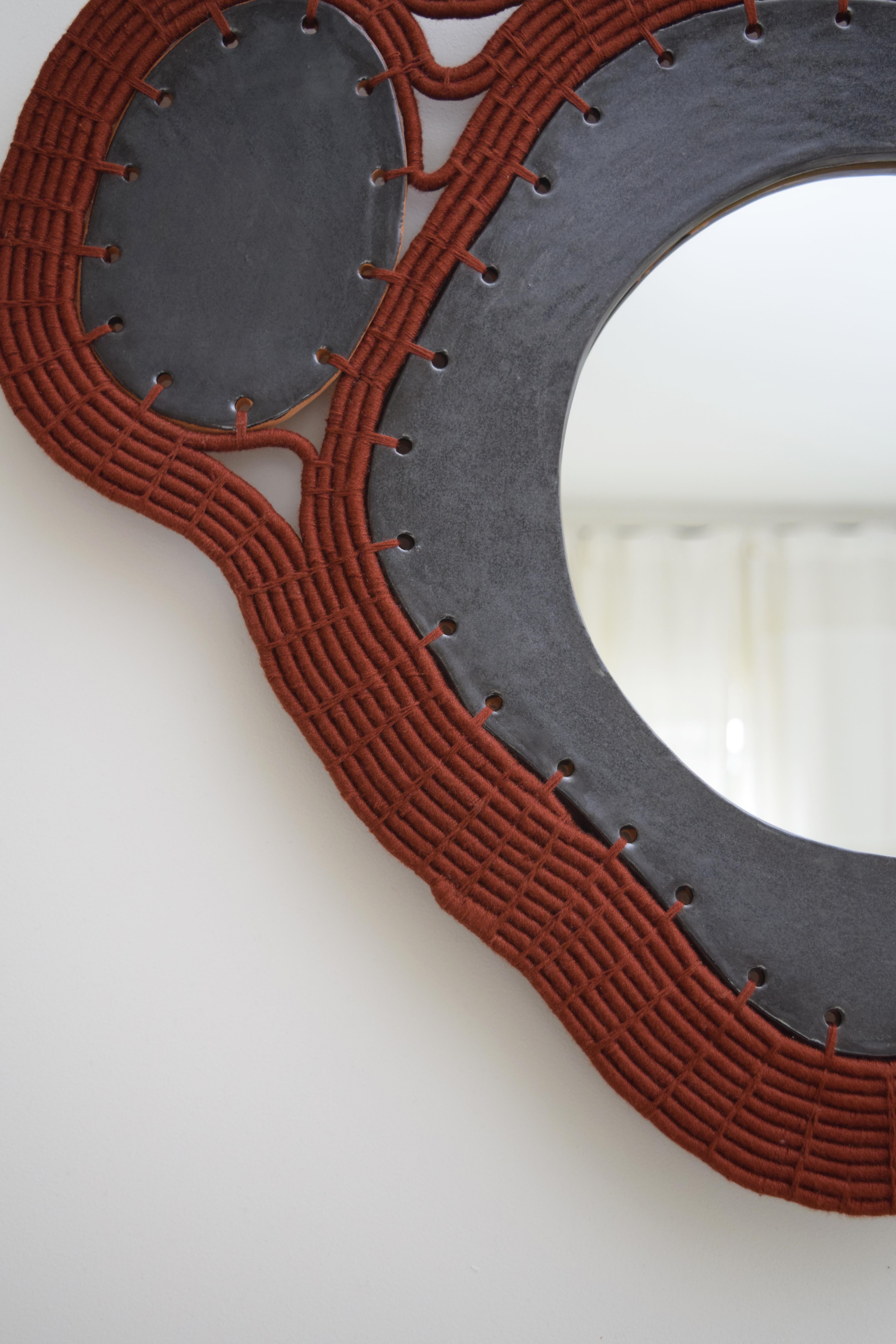 American One of a Kind Handmade Mirror #794, Woven Rusty Cotton & Black Glazed Ceramic For Sale