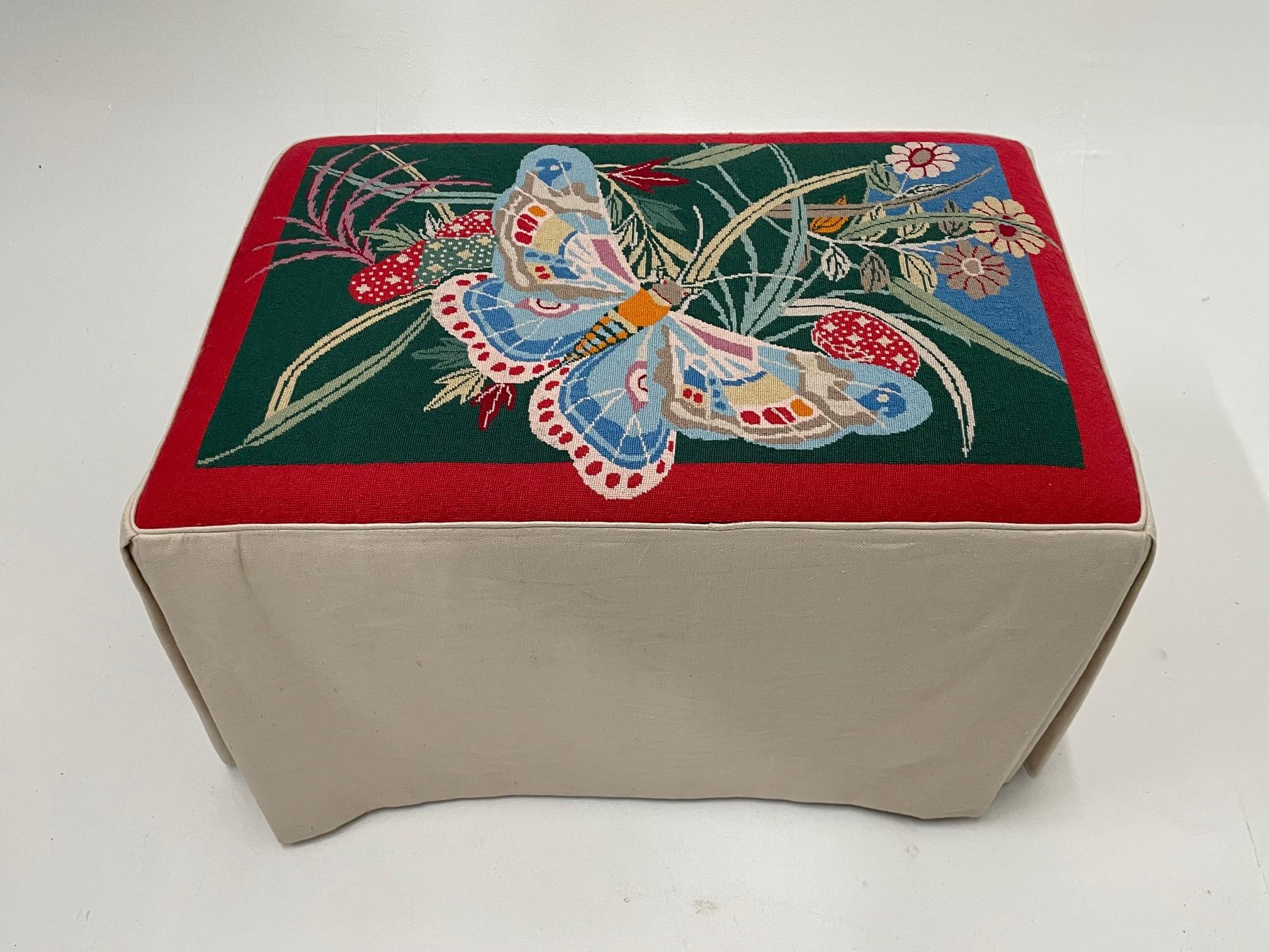 North American One of a Kind Handmade Needlepoint Bench with Butterfly For Sale