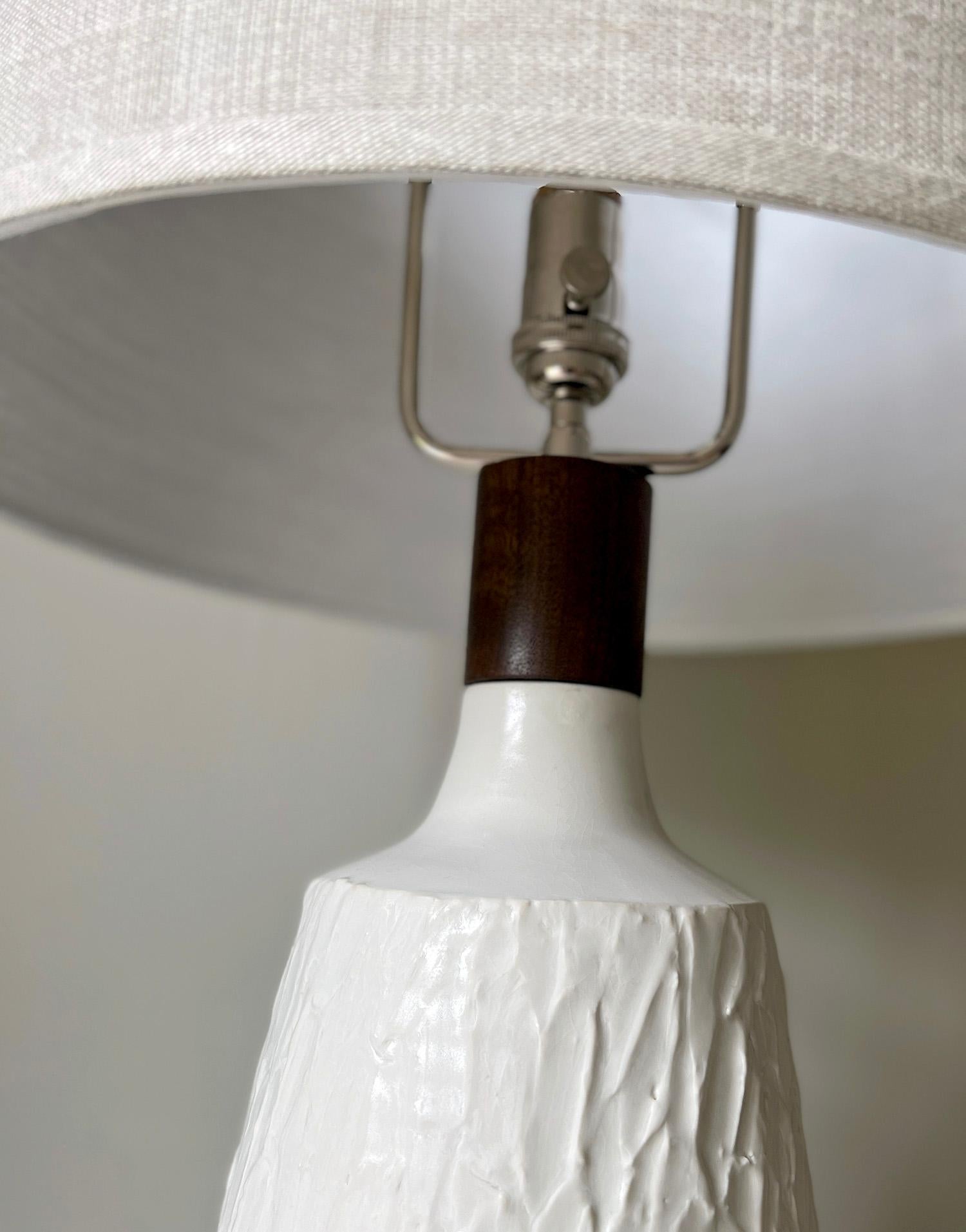 Mid-Century Modern One of a Kind Handmade Textured Porcelain and Walnut Table Lamp