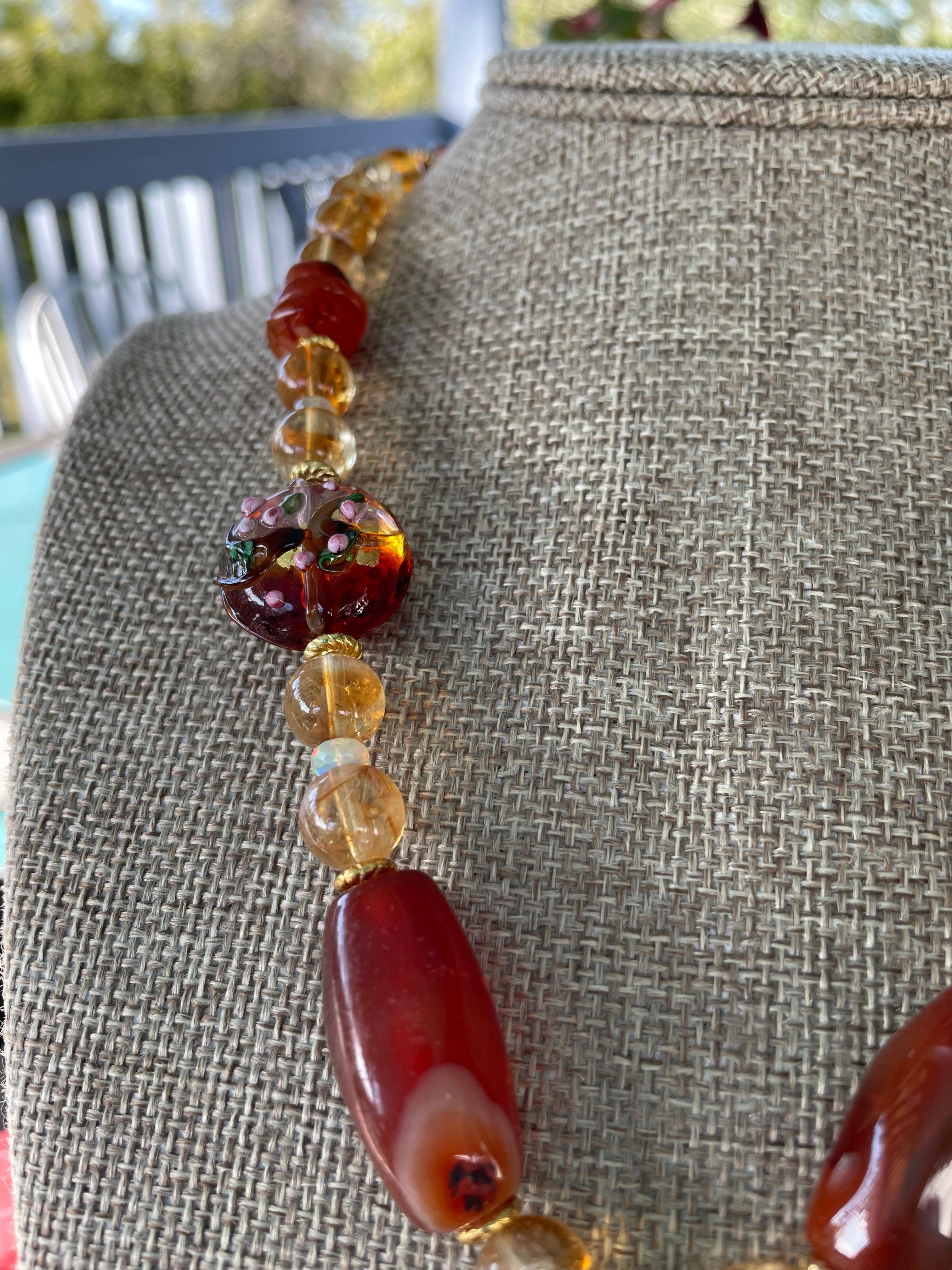 Bead One of a kind, handmade, vintage enamel brooch and carnelian, citrine and Murano For Sale