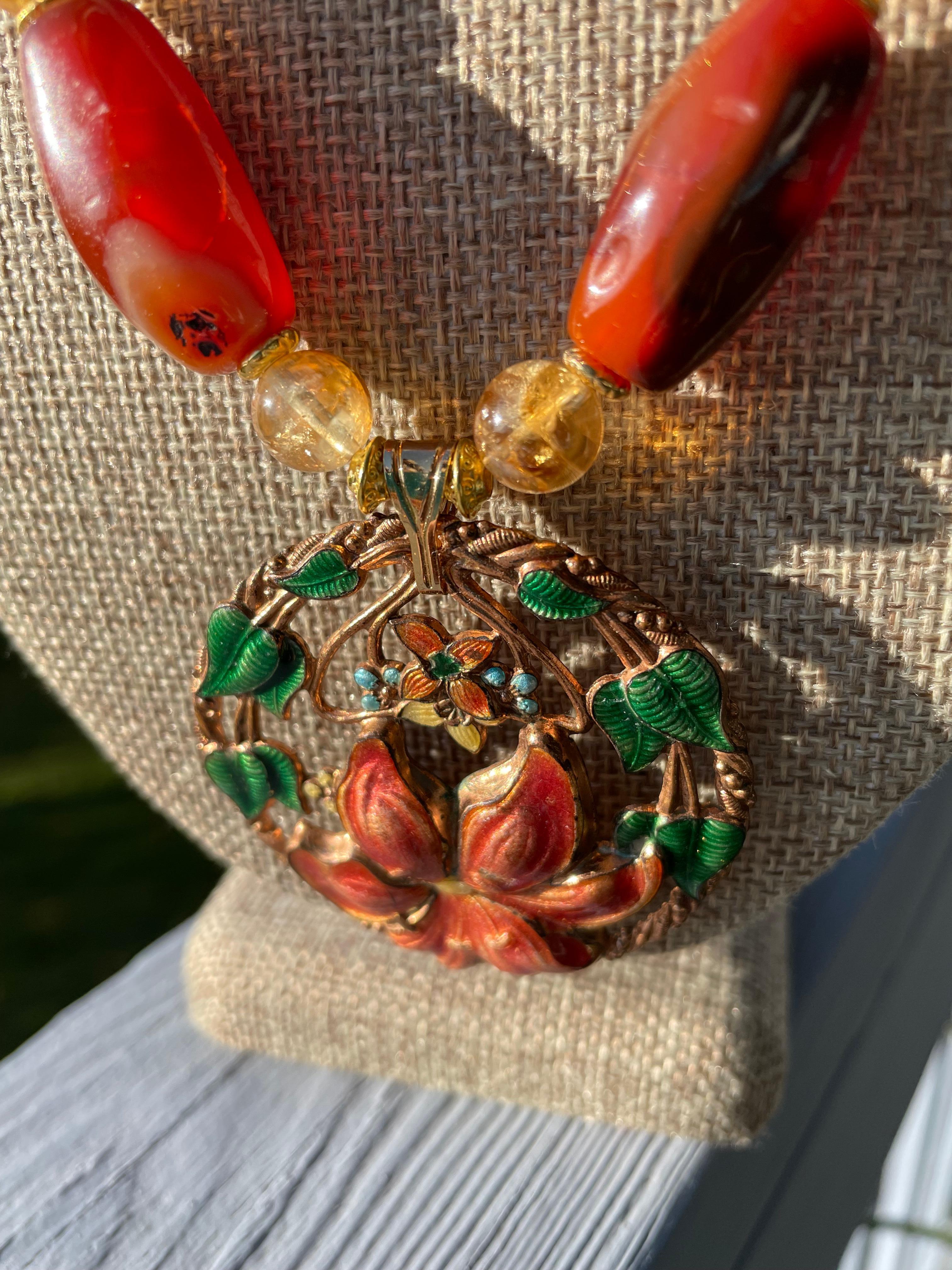 One of a kind, handmade, vintage enamel brooch and carnelian, citrine and Murano For Sale 1