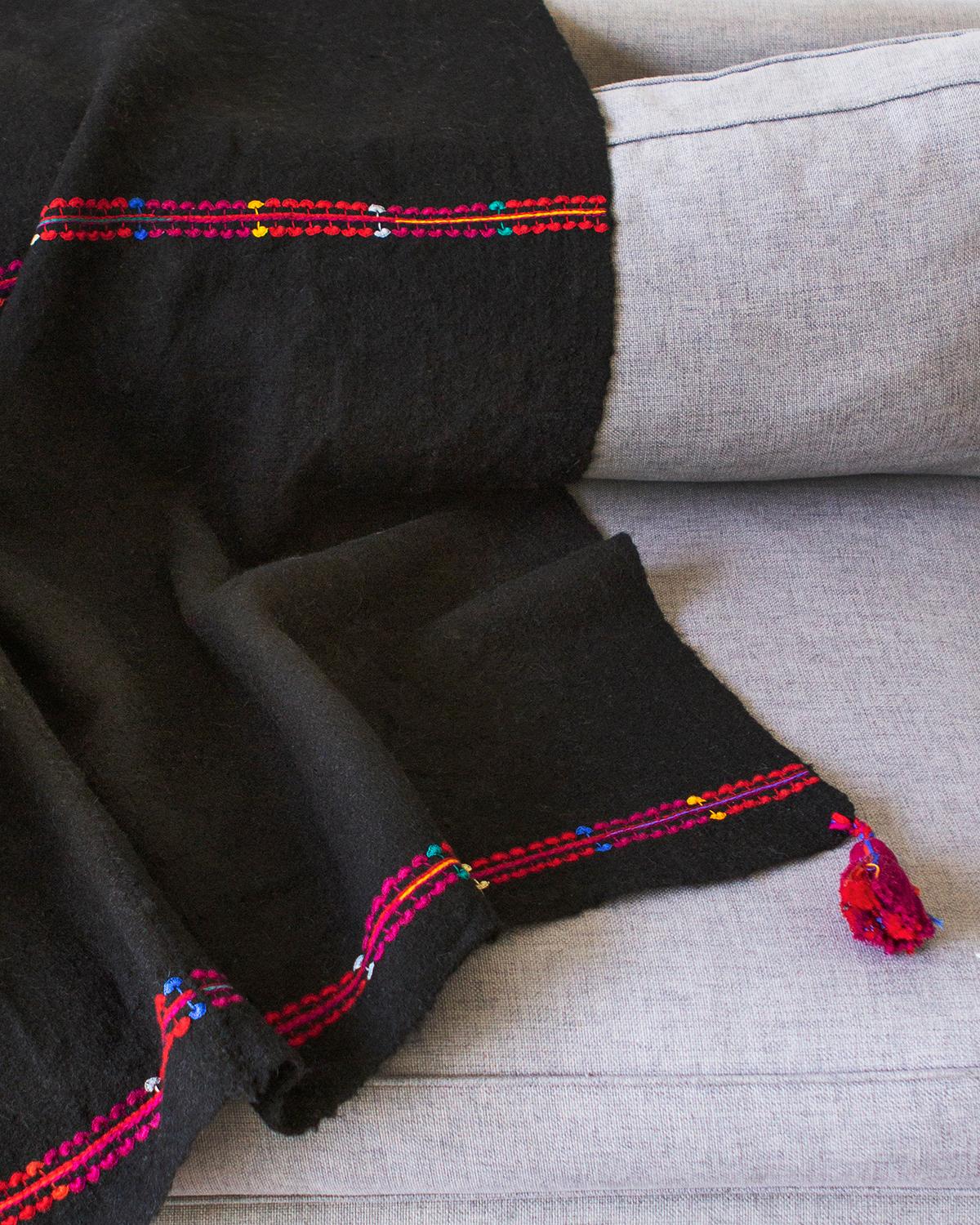 Hand-Woven One of a Kind Handwoven Wool Throw in Black with Red Tassels, in Stock For Sale