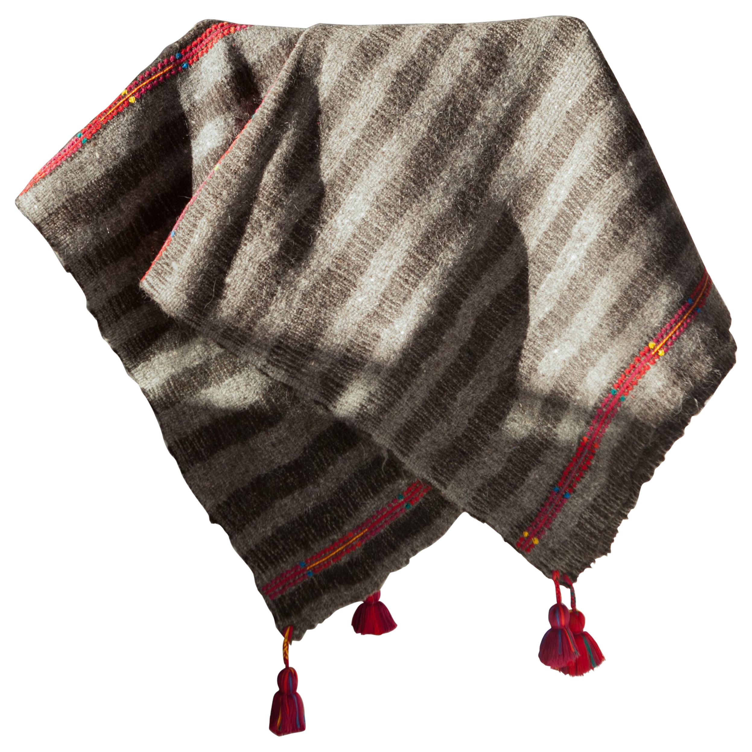 One of a Kind Handwoven Wool Throw in Dark Grey with Red Tassels, in Stock