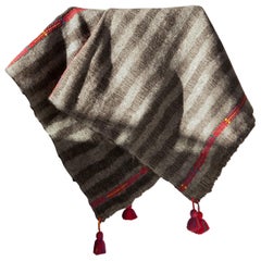 One of a Kind Handwoven Wool Throw in Dark Grey with Red Tassels, in Stock