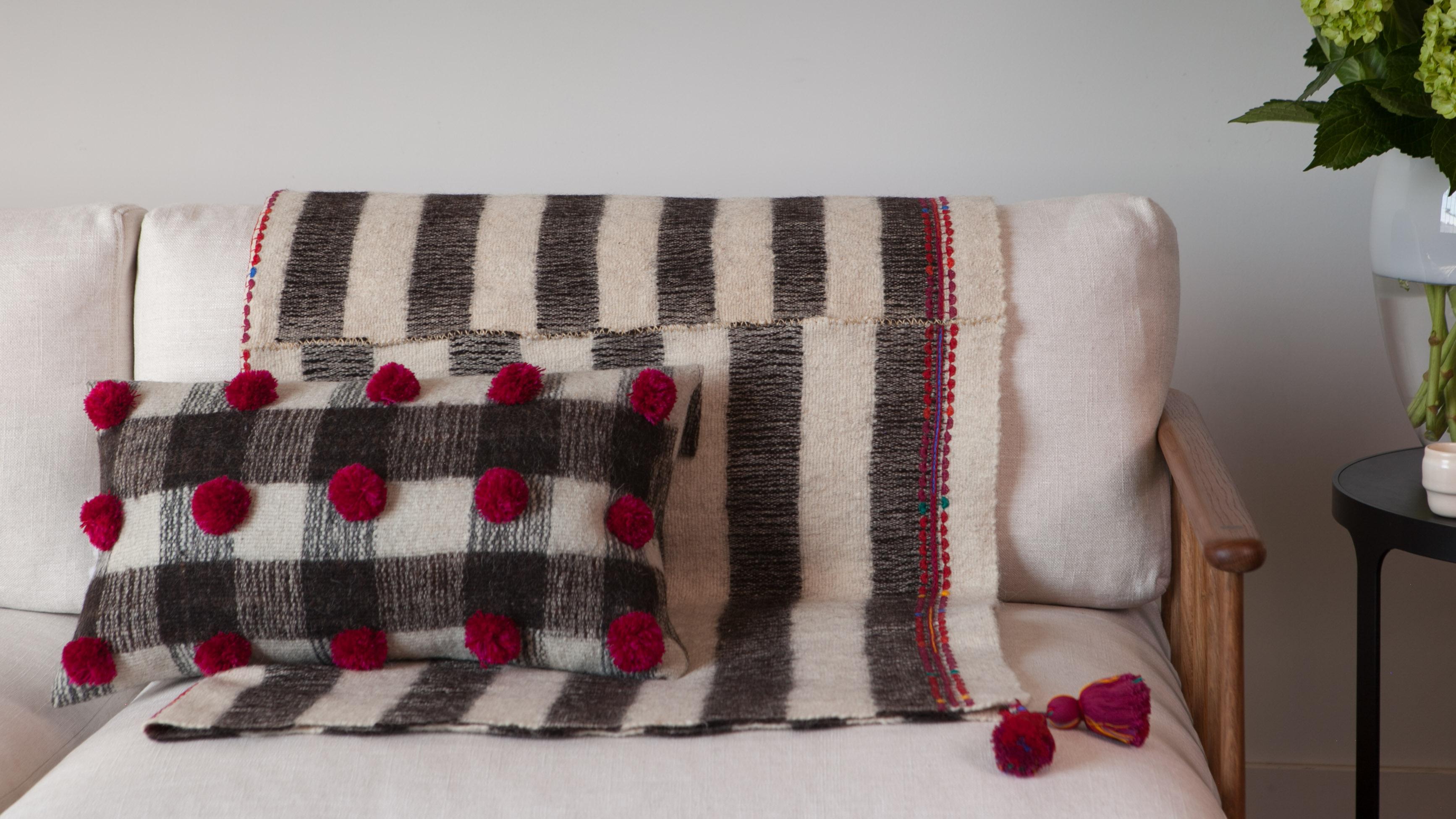 Mexican One of a Kind Handwoven Wool Throw in Grey Stripes with Red Tassels, in Stock For Sale