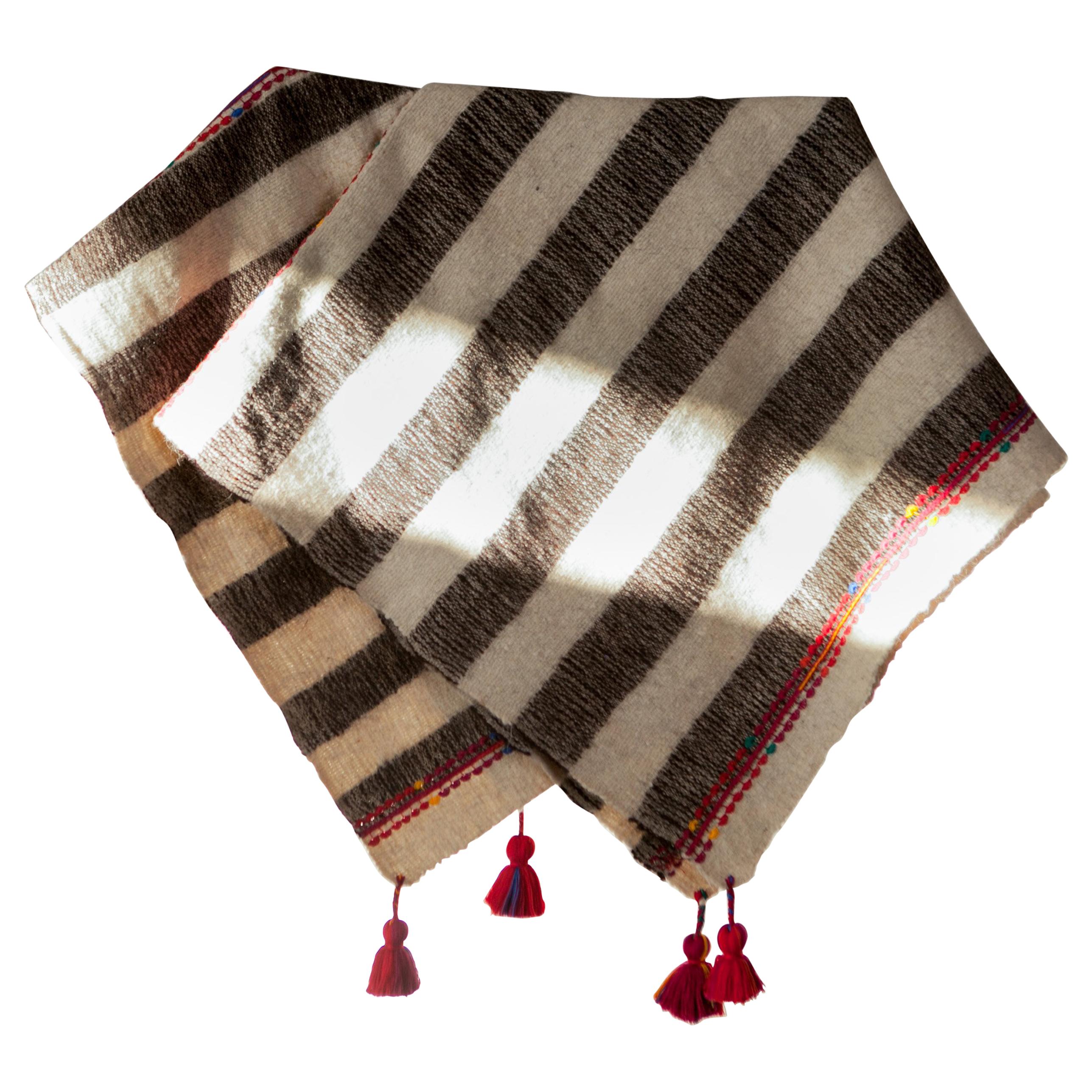 One of a Kind Handwoven Wool Throw in Grey Stripes with Red Tassels, in Stock For Sale