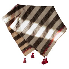 One of a Kind Handwoven Wool Throw in Grey Stripes with Red Tassels, in Stock